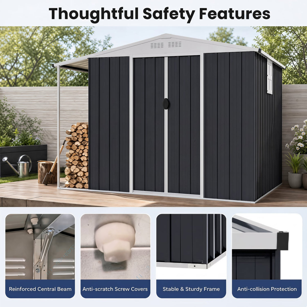 Outdoor Storage Shed with Lockable Double Sliding Door and Open Firewood Bay-Gray-Sheds & Outdoor Storage-DECOROLALA