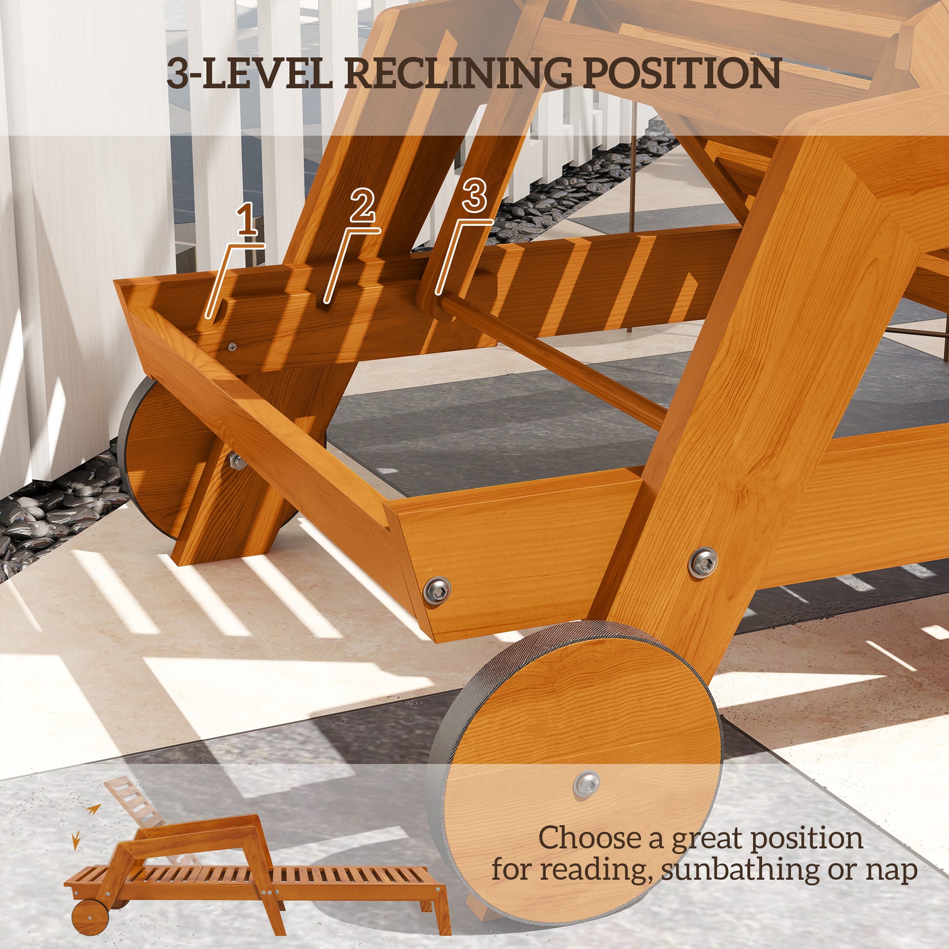 Outdoor Tanning Chair - Orange, 3-Position Adjustable, With Wheels-DECOROLALA