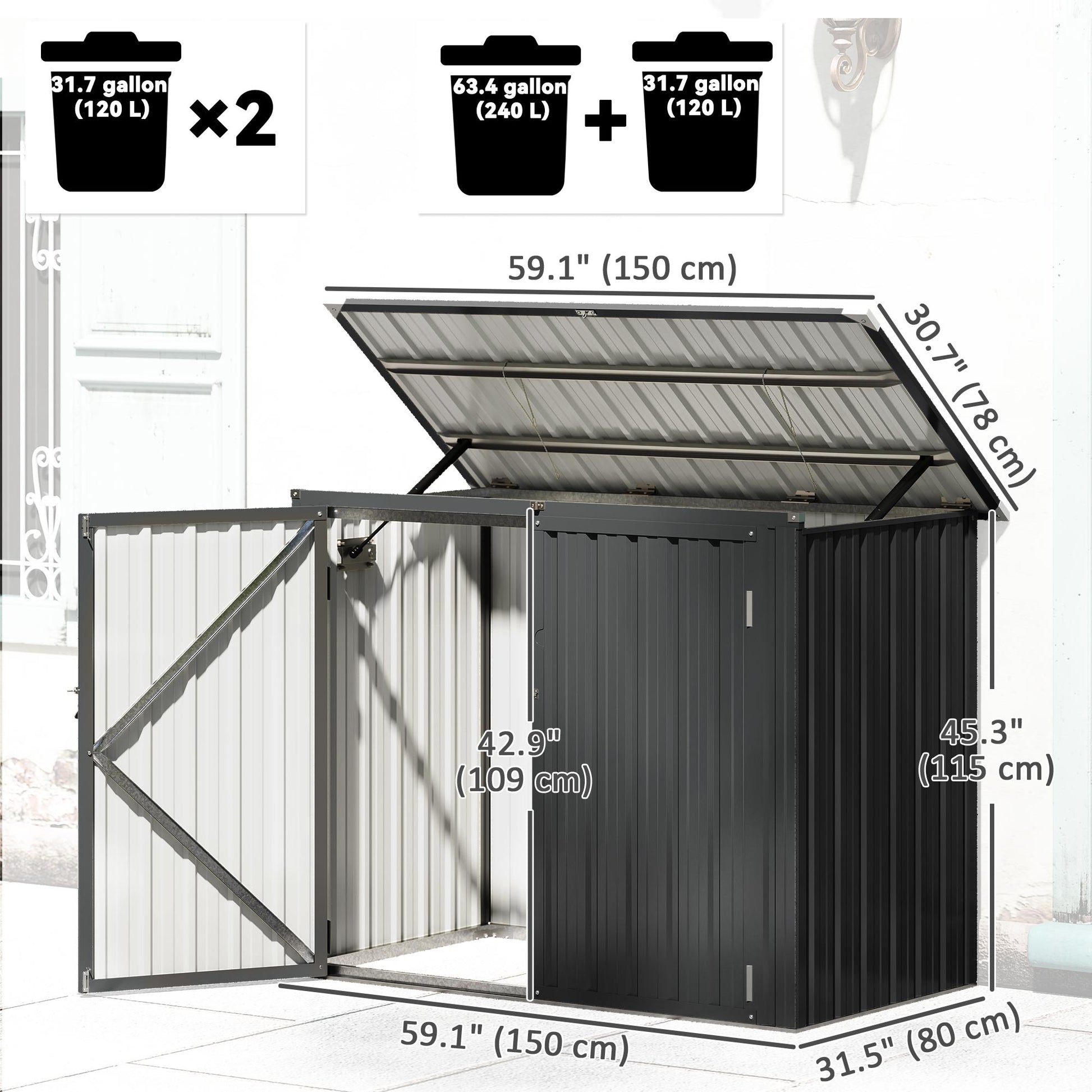 Outdoor Trash Can Storage Shed - Dark Grey Galvanized Steel-Patio & Garden > Lawn & Garden > Sheds-DECOROLALA