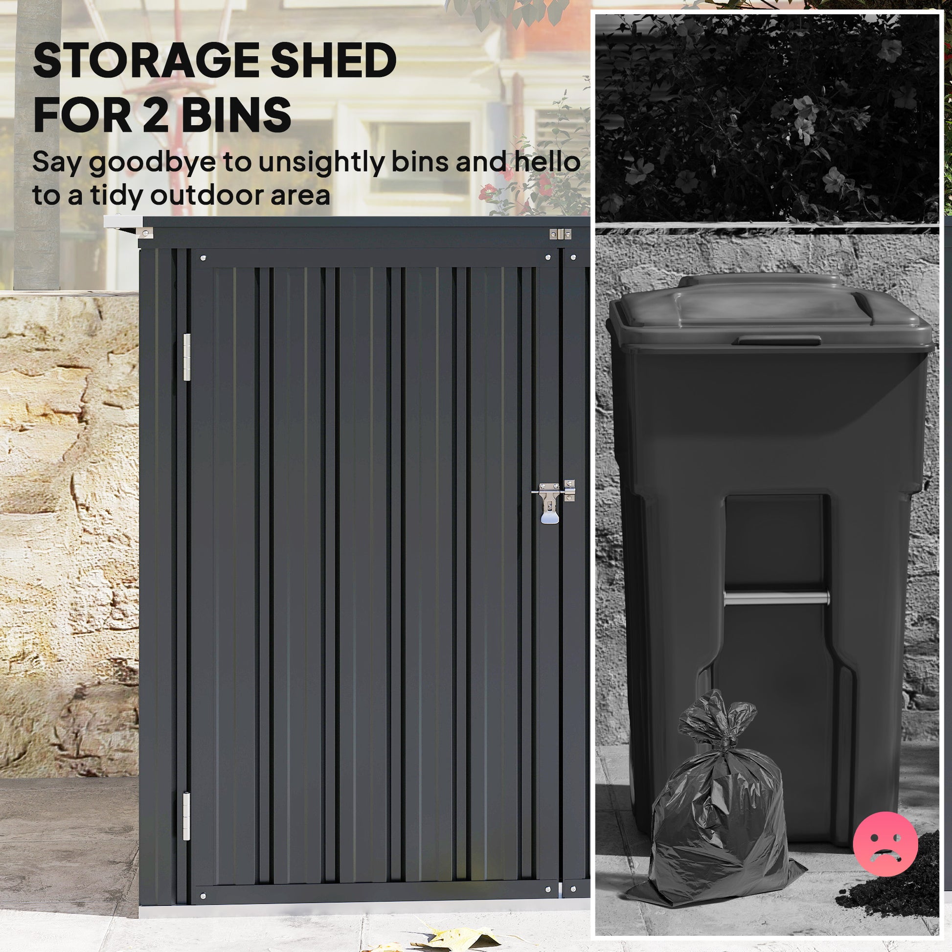 Outdoor Trash Can Storage Shed - Dark Grey Galvanized Steel-Patio & Garden > Lawn & Garden > Sheds-DECOROLALA