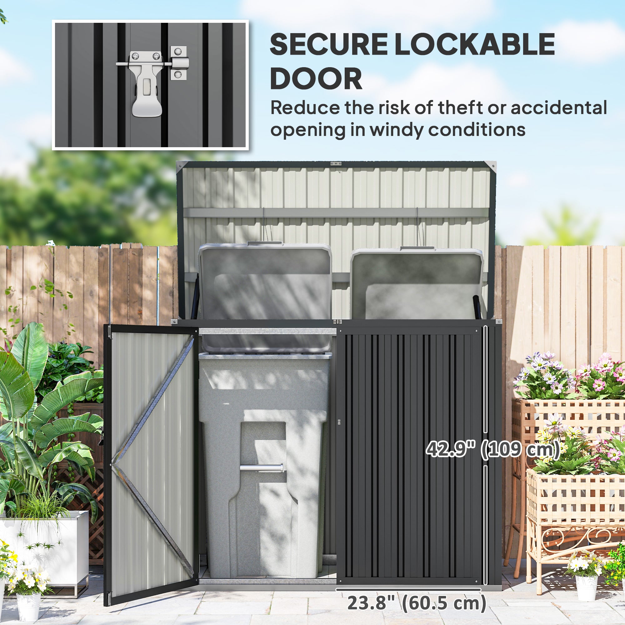 Outdoor Trash Can Storage Shed - Dark Grey Galvanized Steel-Patio & Garden > Lawn & Garden > Sheds-DECOROLALA