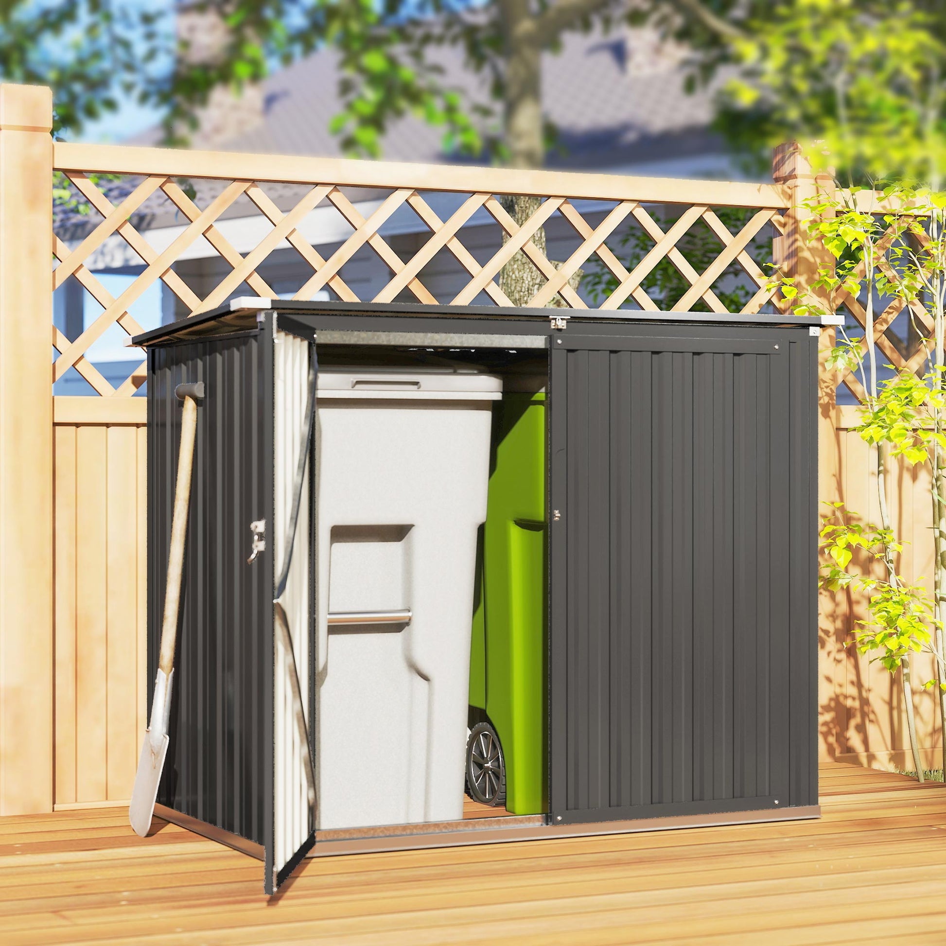 Outdoor Trash Can Storage Shed - Dark Grey Galvanized Steel-Patio & Garden > Lawn & Garden > Sheds-DECOROLALA