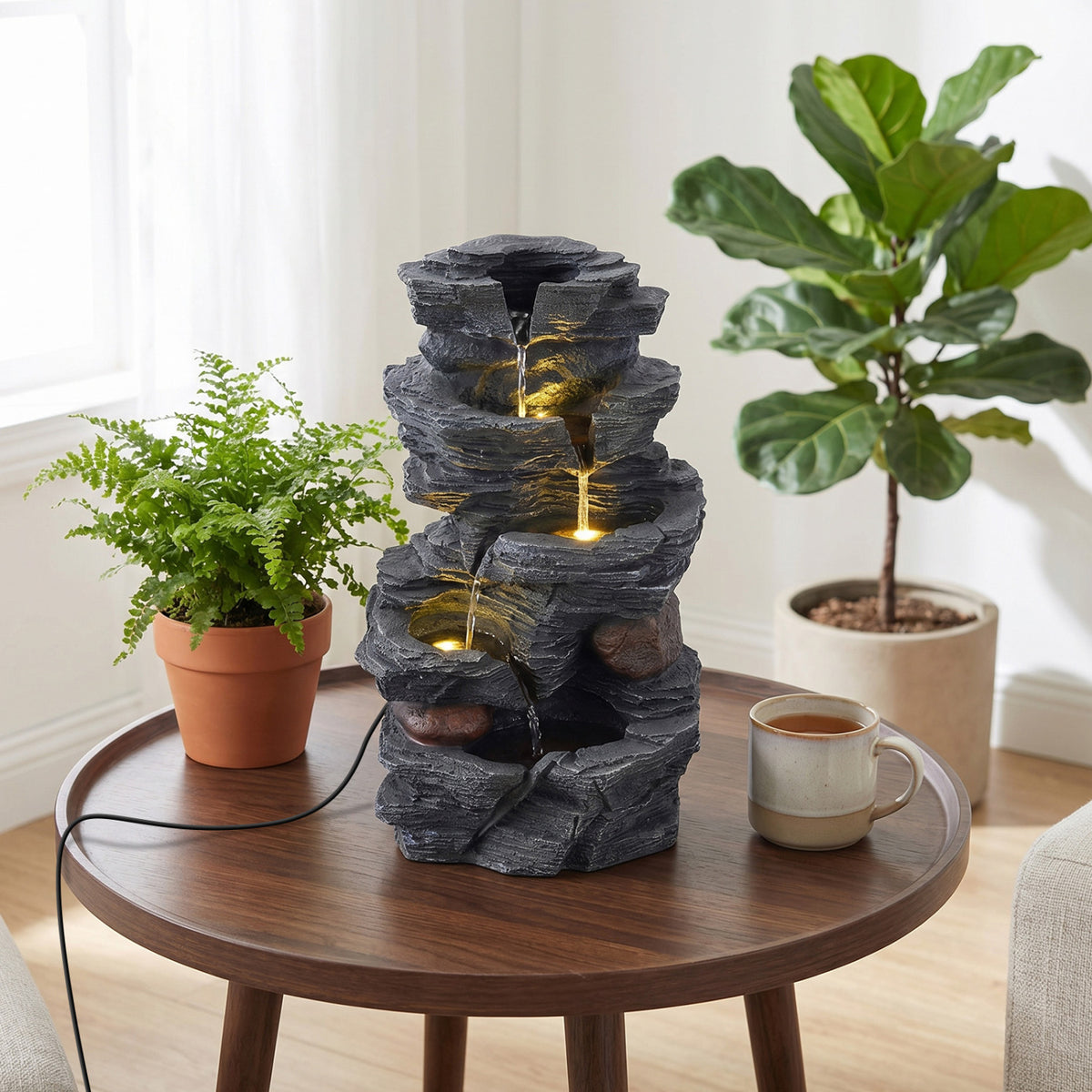 Outdoor Water Fountain with LED Lights and Pump 5-Tier Tabletop Cascading Rock Waterfall Feature-Outdoor Water Fountains-DECOROLALA