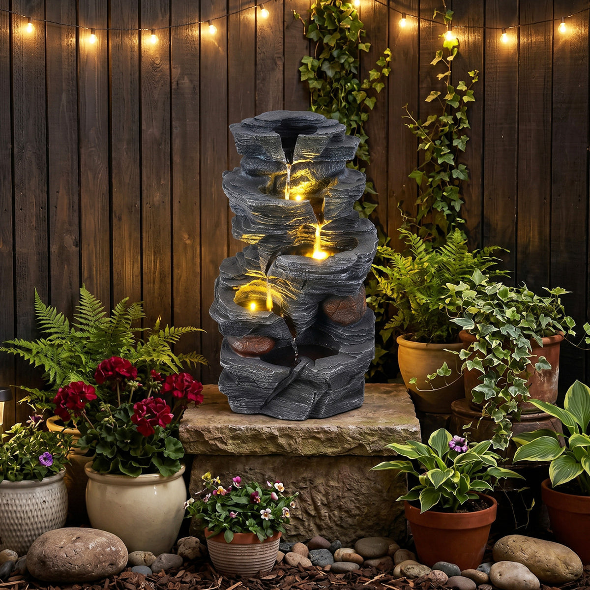 Outdoor Water Fountain with LED Lights and Pump 5-Tier Tabletop Cascading Rock Waterfall Feature-Outdoor Water Fountains-DECOROLALA
