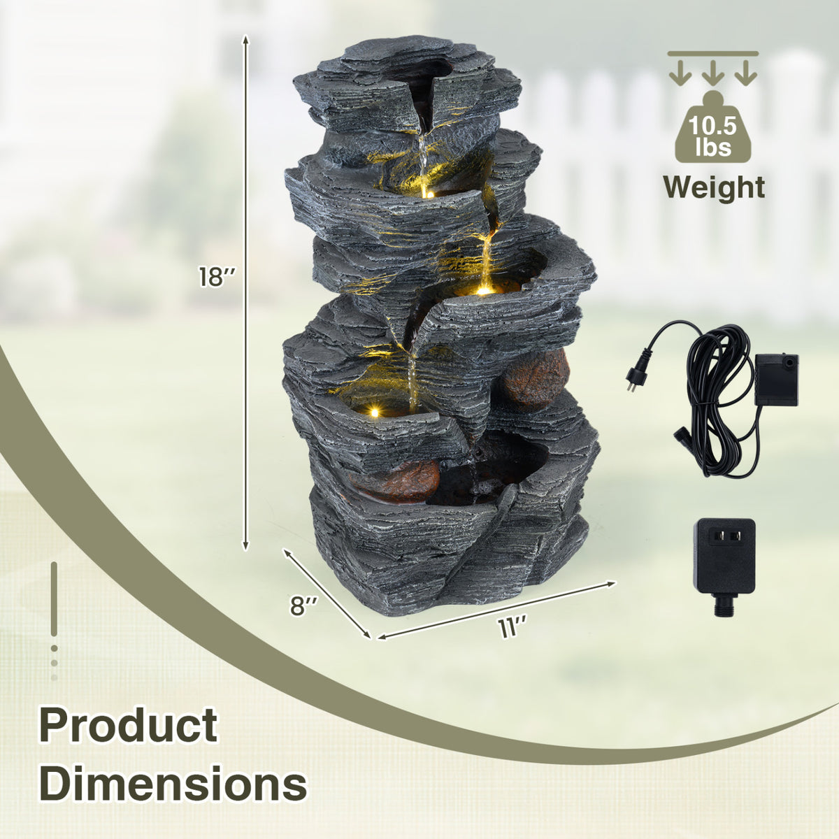 Outdoor Water Fountain with LED Lights and Pump 5-Tier Tabletop Cascading Rock Waterfall Feature-Outdoor Water Fountains-DECOROLALA