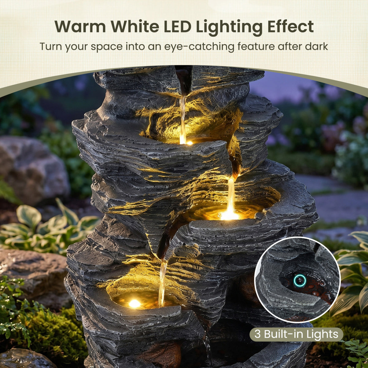 Outdoor Water Fountain with LED Lights and Pump 5-Tier Tabletop Cascading Rock Waterfall Feature-Outdoor Water Fountains-DECOROLALA
