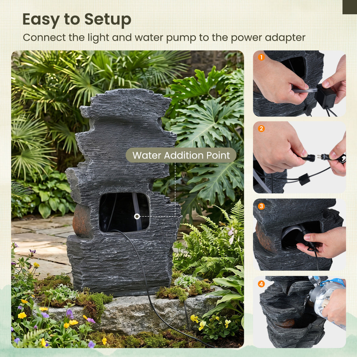 Outdoor Water Fountain with LED Lights and Pump 5-Tier Tabletop Cascading Rock Waterfall Feature-Outdoor Water Fountains-DECOROLALA