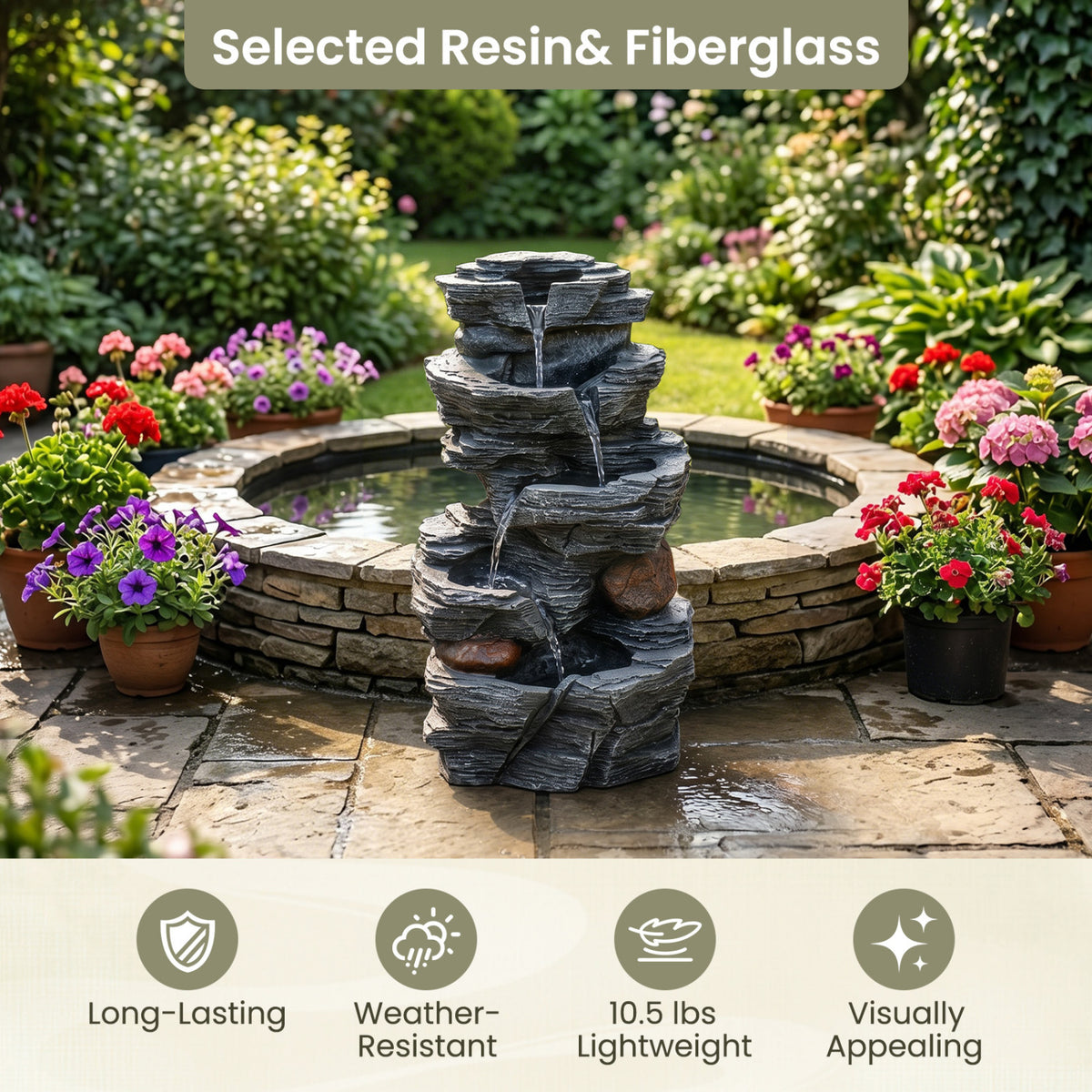 Outdoor Water Fountain with LED Lights and Pump 5-Tier Tabletop Cascading Rock Waterfall Feature-Outdoor Water Fountains-DECOROLALA