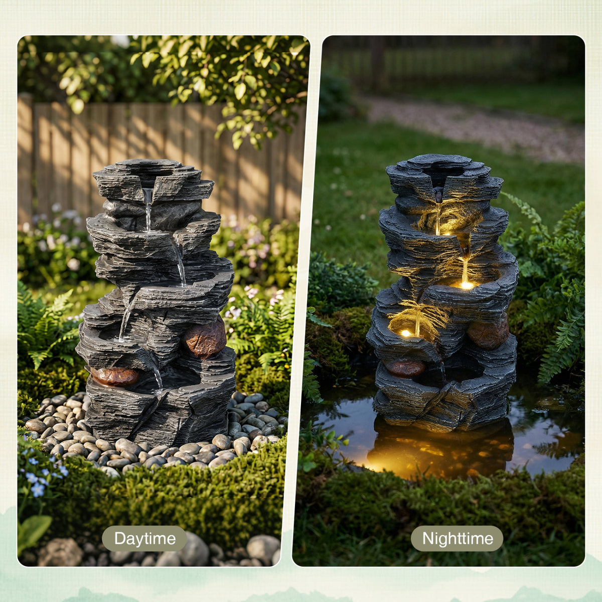 Outdoor Water Fountain with LED Lights and Pump 5-Tier Tabletop Cascading Rock Waterfall Feature-Outdoor Water Fountains-DECOROLALA