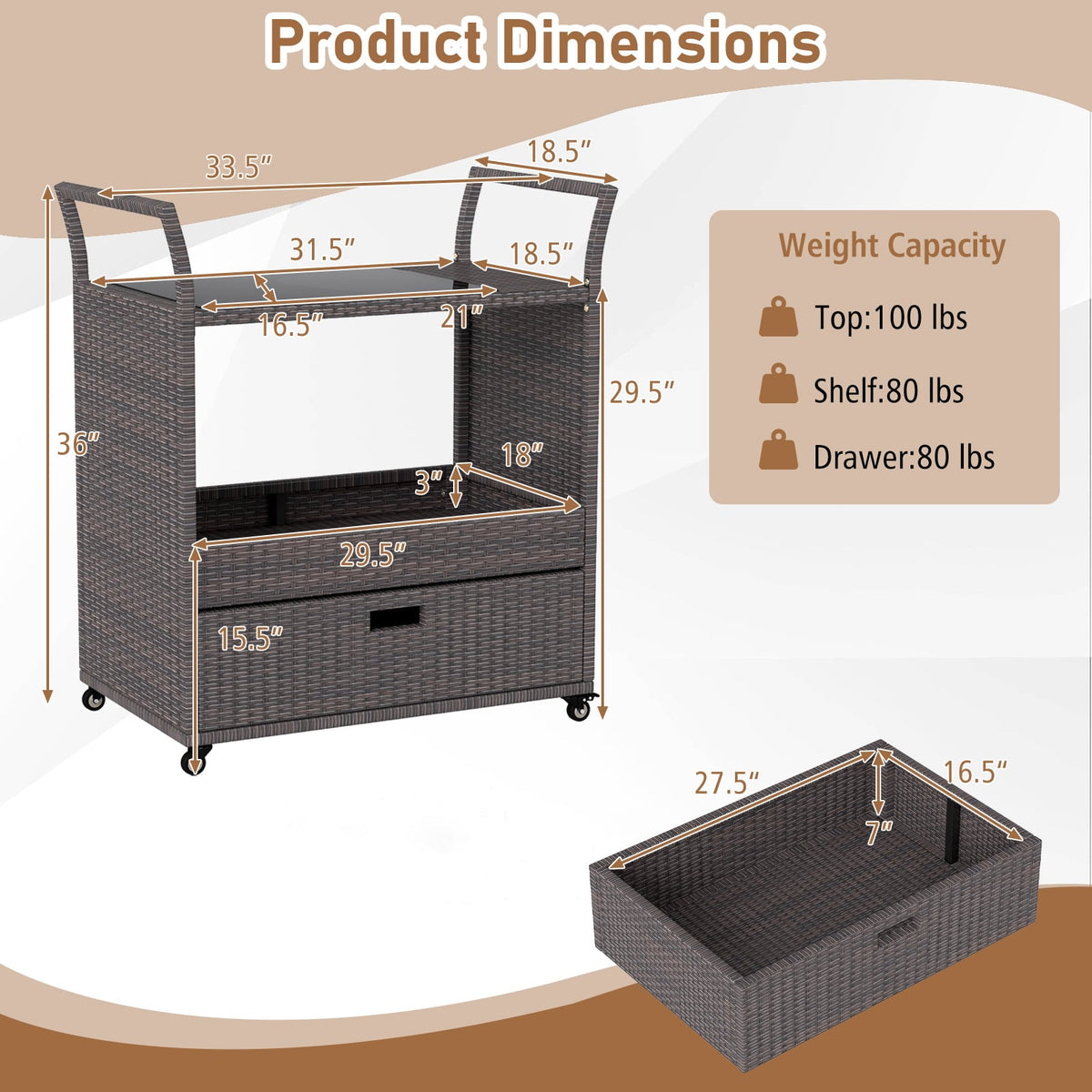Outdoor Wicker Bar Cart Table with Tempered Glass Top-Kitchen Islands & Carts-DECOROLALA