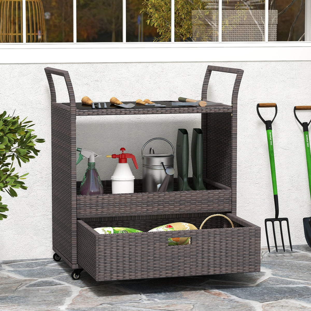 Outdoor Wicker Bar Cart Table with Tempered Glass Top-Kitchen Islands & Carts-DECOROLALA