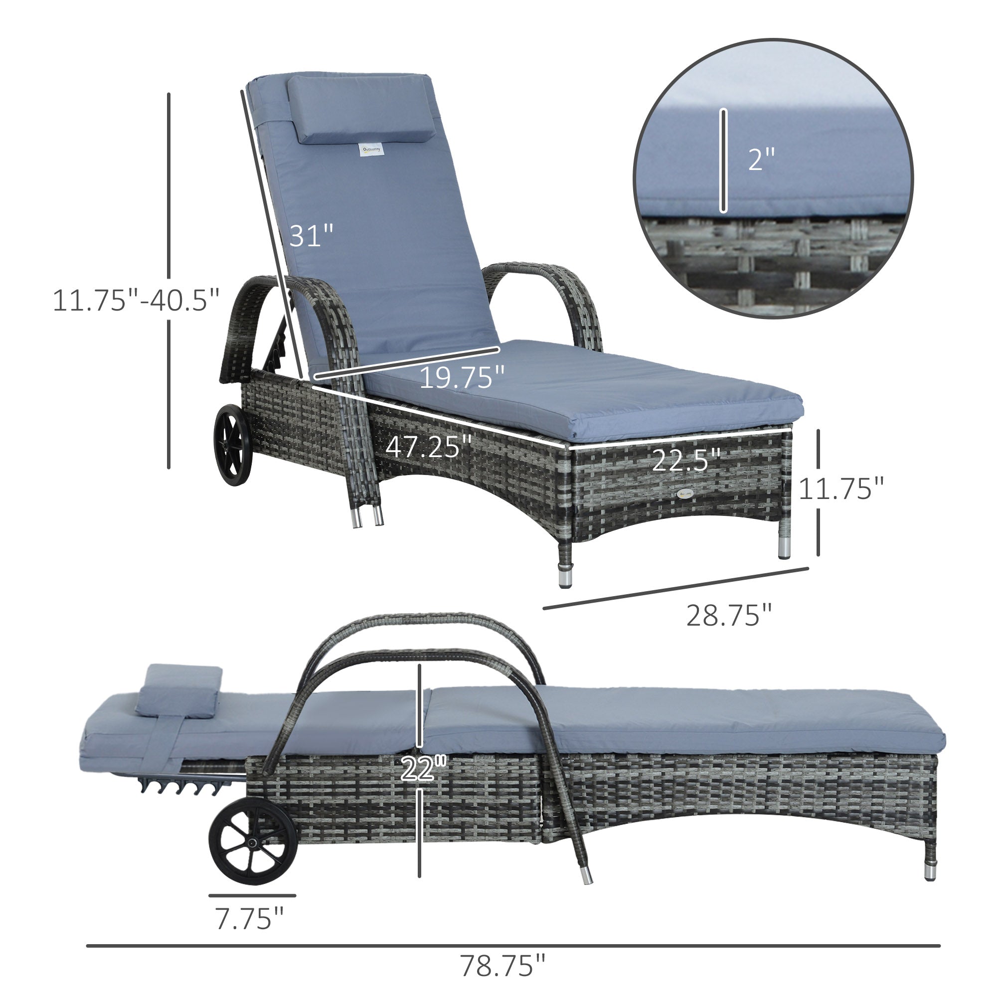 Outdoor Wicker Chaise Lounge, Adjustable Height Backrest, Grey, PE Rattan, 5 Levels-DECOROLALA