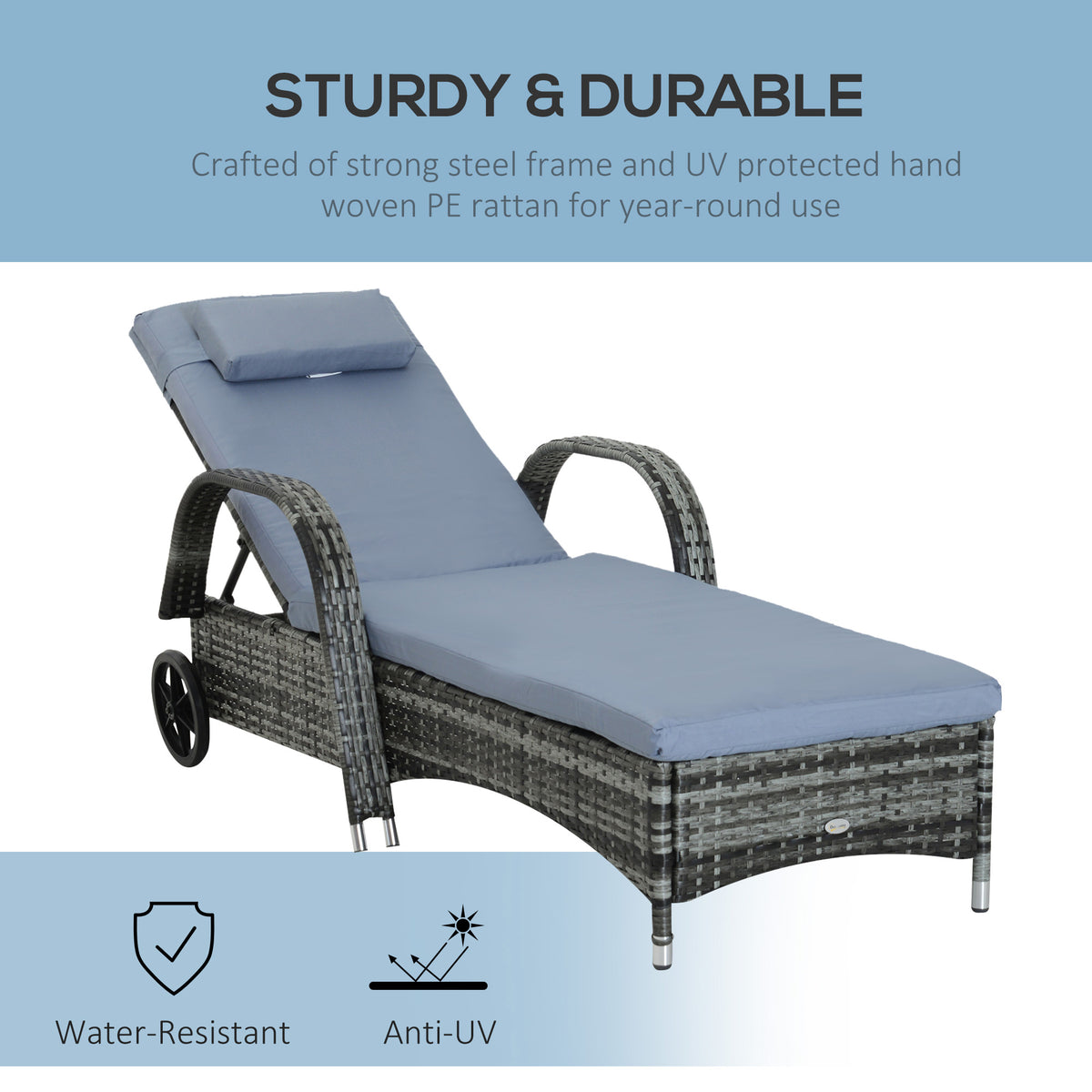 Outdoor Wicker Chaise Lounge, Adjustable Height Backrest, Grey, PE Rattan, 5 Levels-Outdoor Chaise Lounges-DECOROLALA