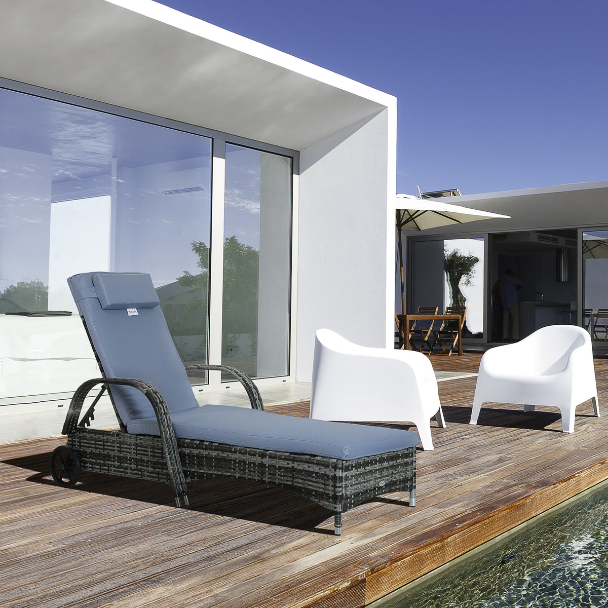 Outdoor Wicker Chaise Lounge, Adjustable Height Backrest, Grey, PE Rattan, 5 Levels-Outdoor Chaise Lounges-DECOROLALA