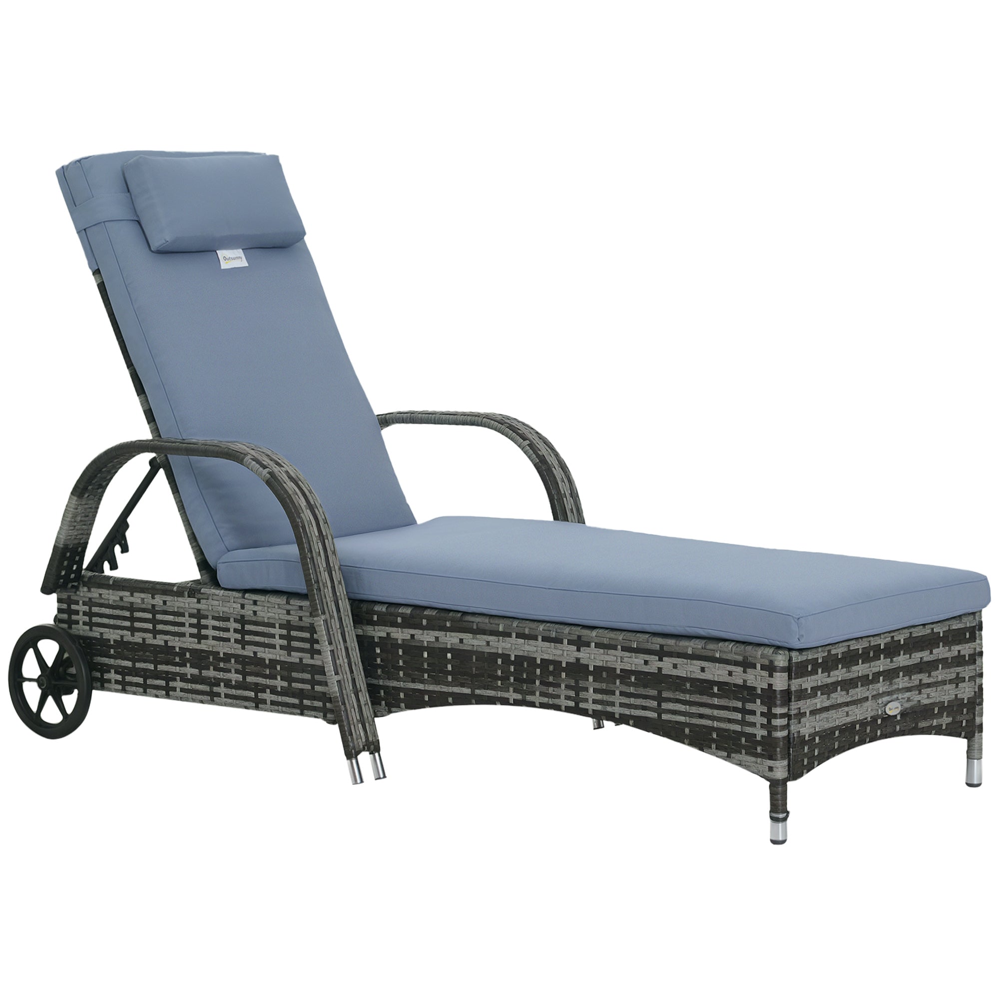 Outdoor Wicker Chaise Lounge, Adjustable Height Backrest, Grey, PE Rattan, 5 Levels-DECOROLALA