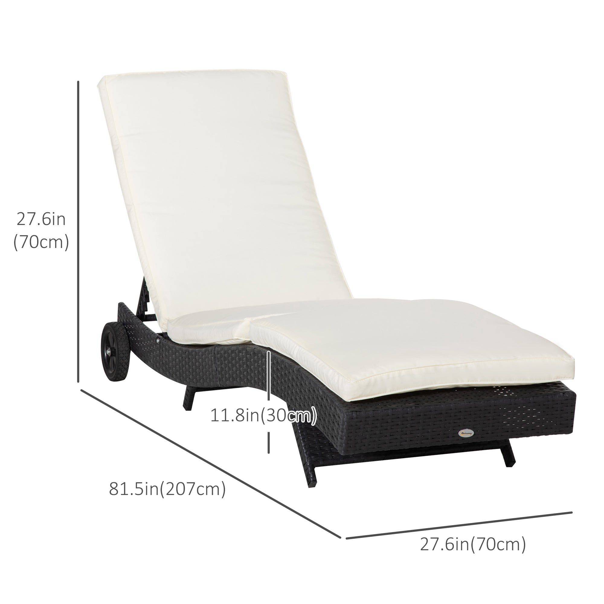Outdoor Wicker Chaise Lounge Chair, Adjustable, Cream White, Cushion & Wheels-DECOROLALA
