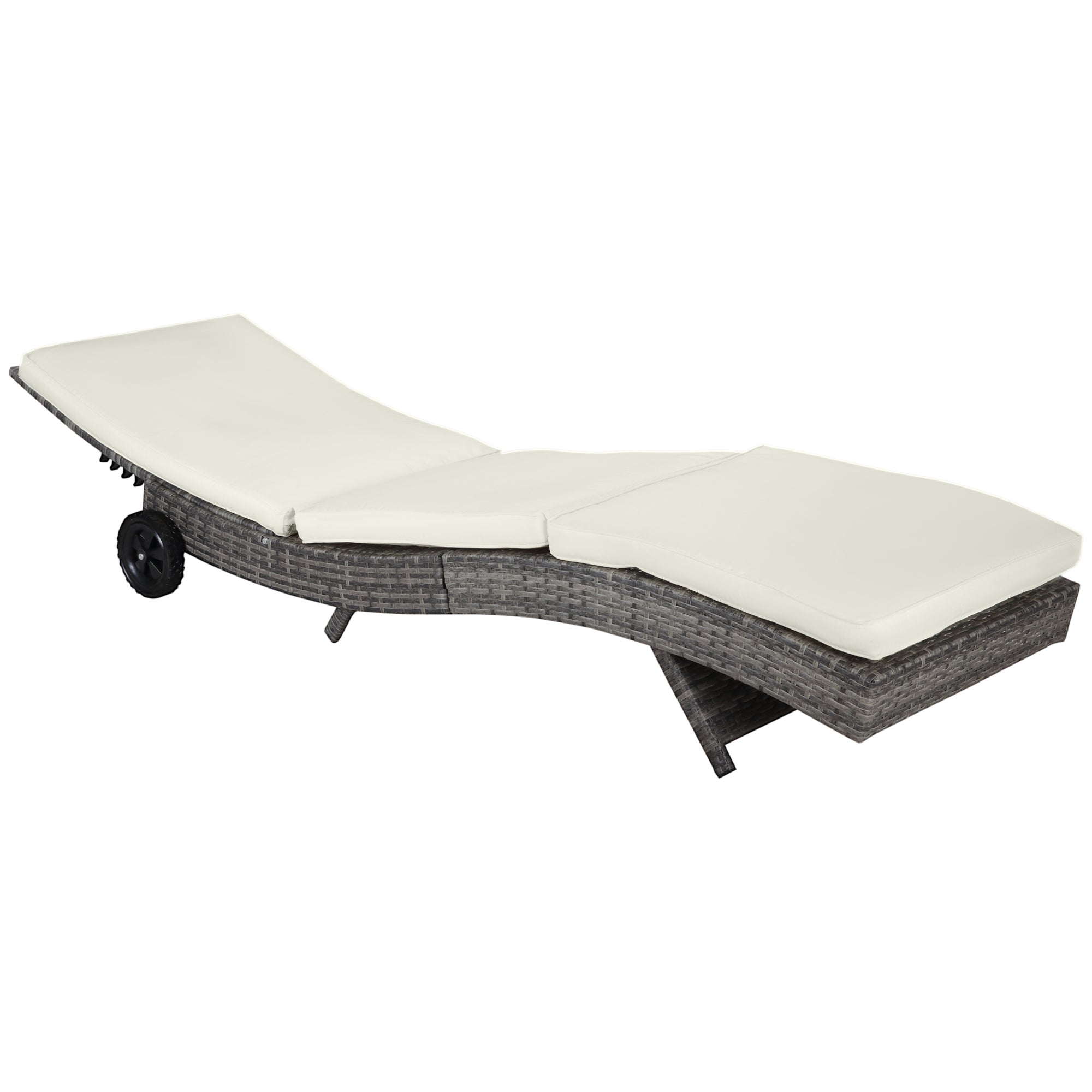 Outdoor Wicker Chaise Lounge Chair, Adjustable, Cream White, Cushion & Wheels-DECOROLALA