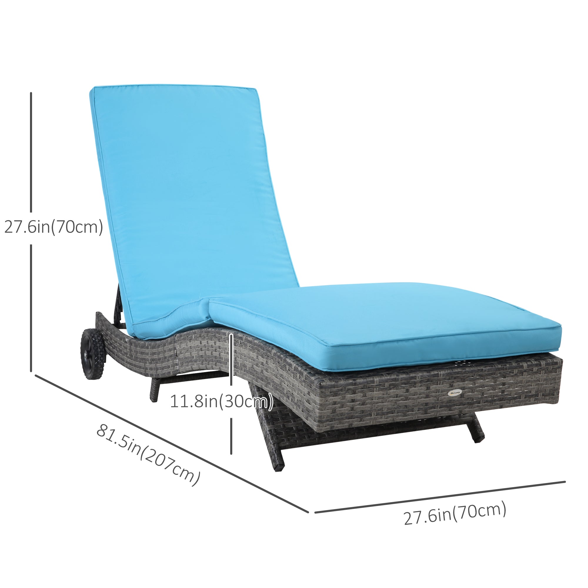 Outdoor Wicker Chaise Lounge - Sky Blue Adjustable Backrest with Wheels-DECOROLALA