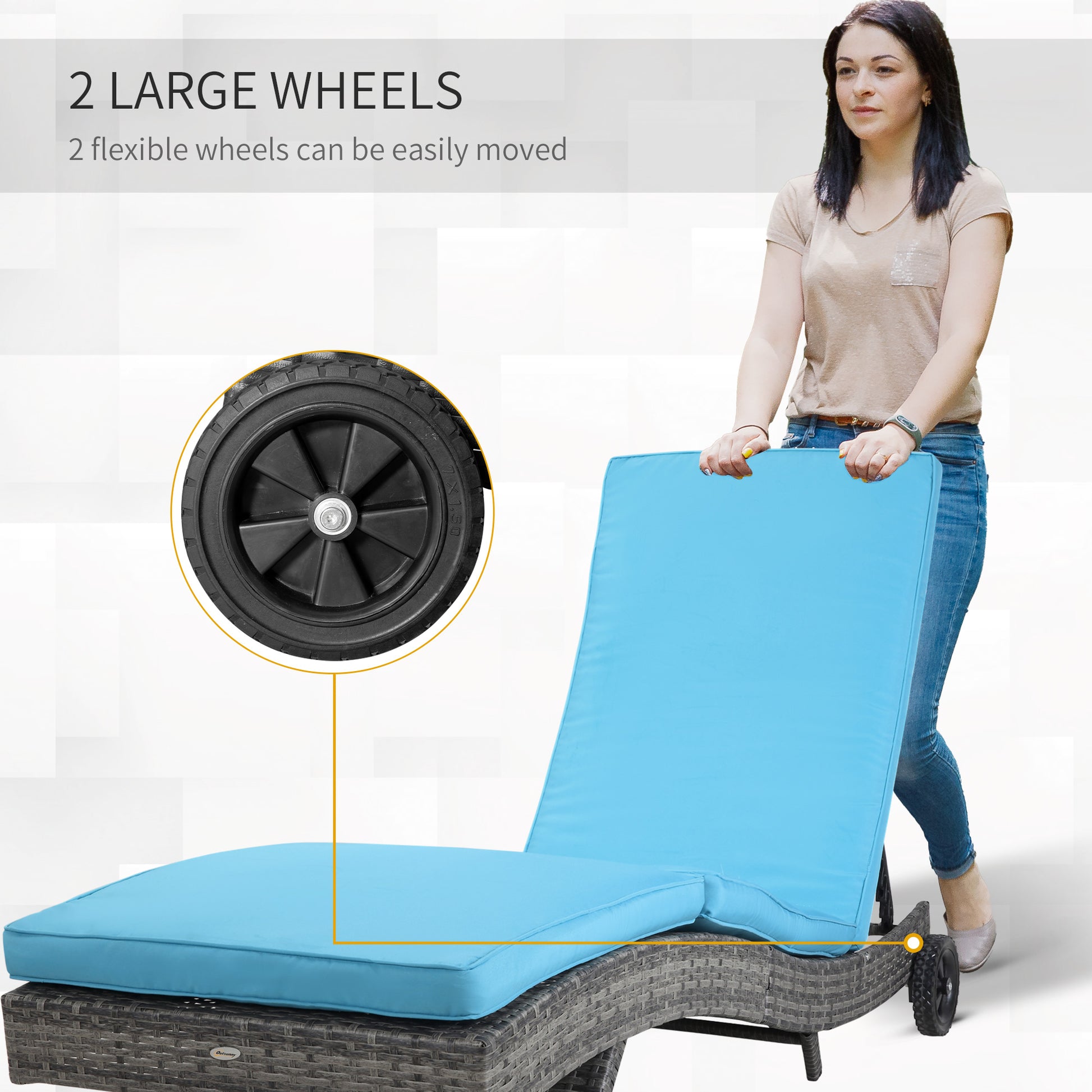 Outdoor Wicker Chaise Lounge - Sky Blue Adjustable Backrest with Wheels-DECOROLALA