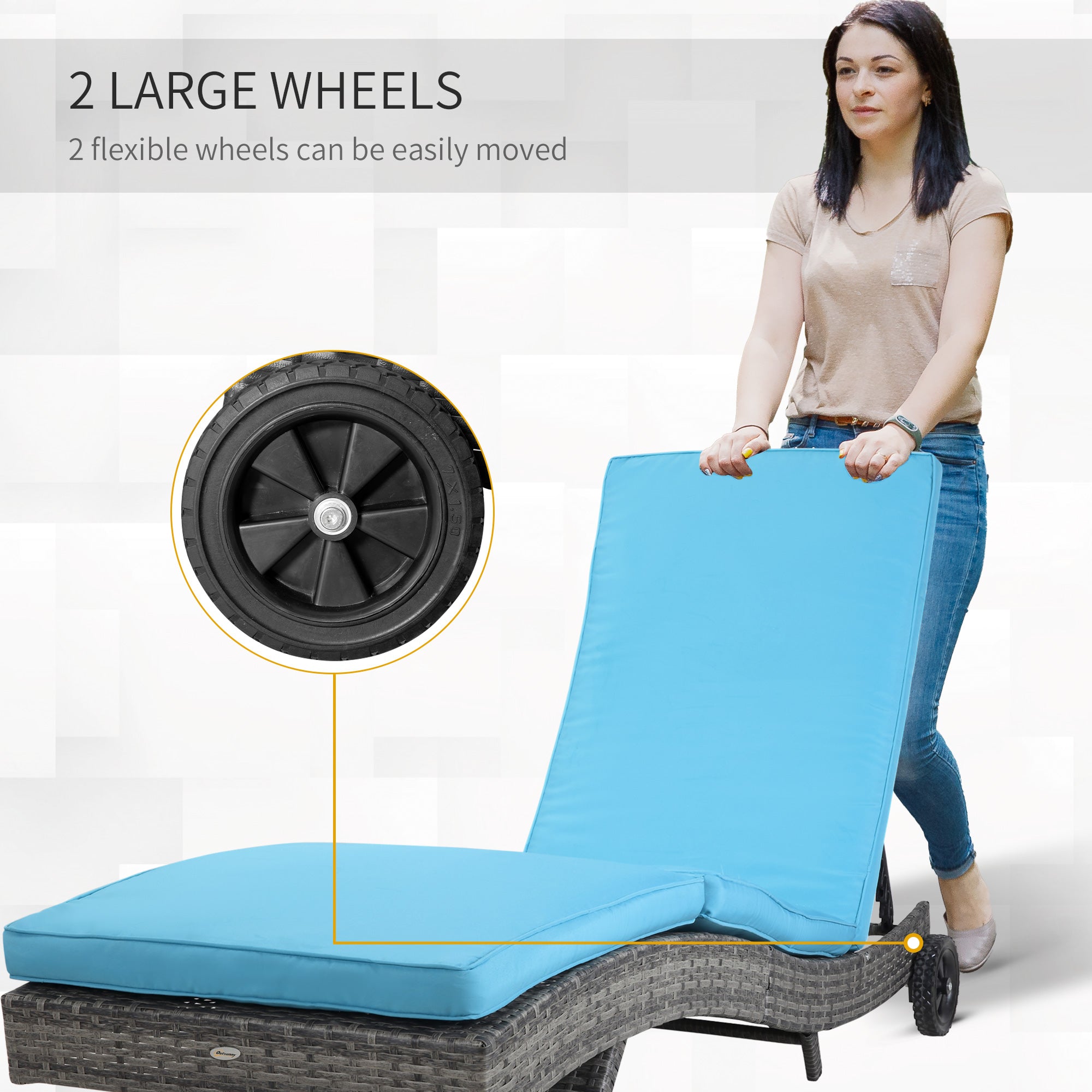 Outdoor Wicker Chaise Lounge - Sky Blue Adjustable Backrest with Wheels-DECOROLALA