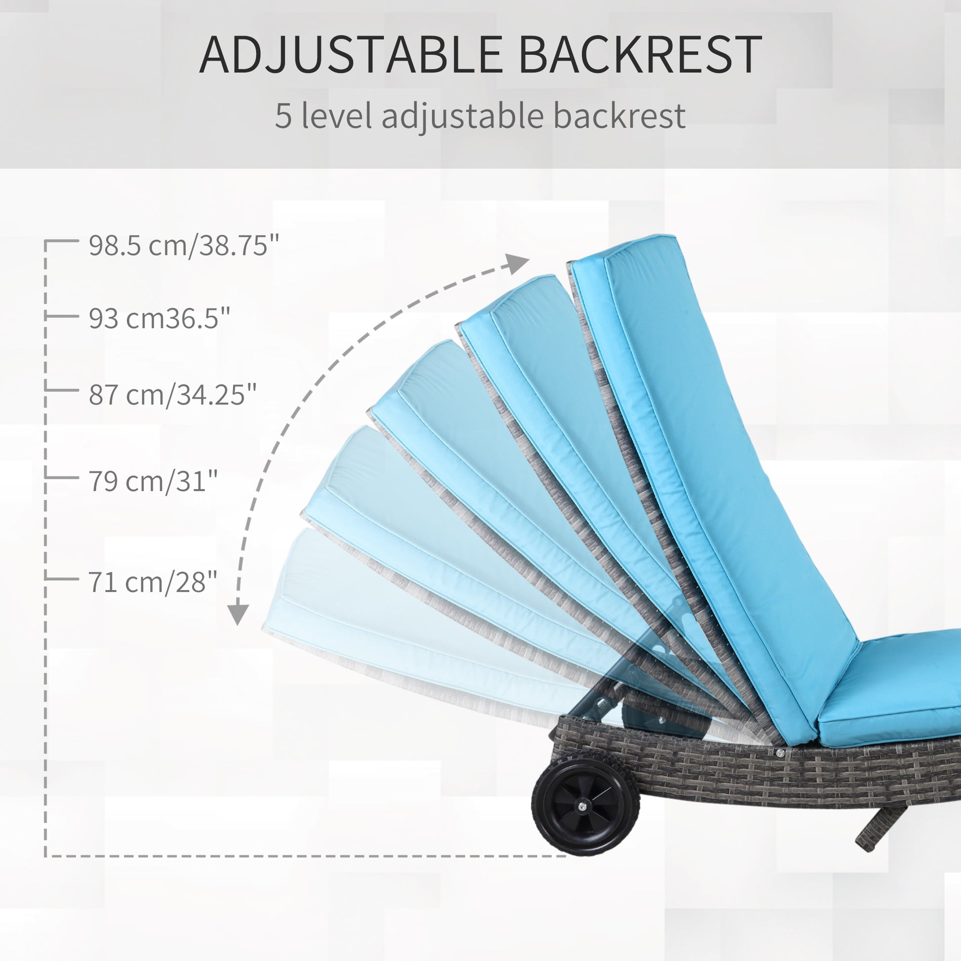 Outdoor Wicker Chaise Lounge - Sky Blue Adjustable Backrest with Wheels-DECOROLALA