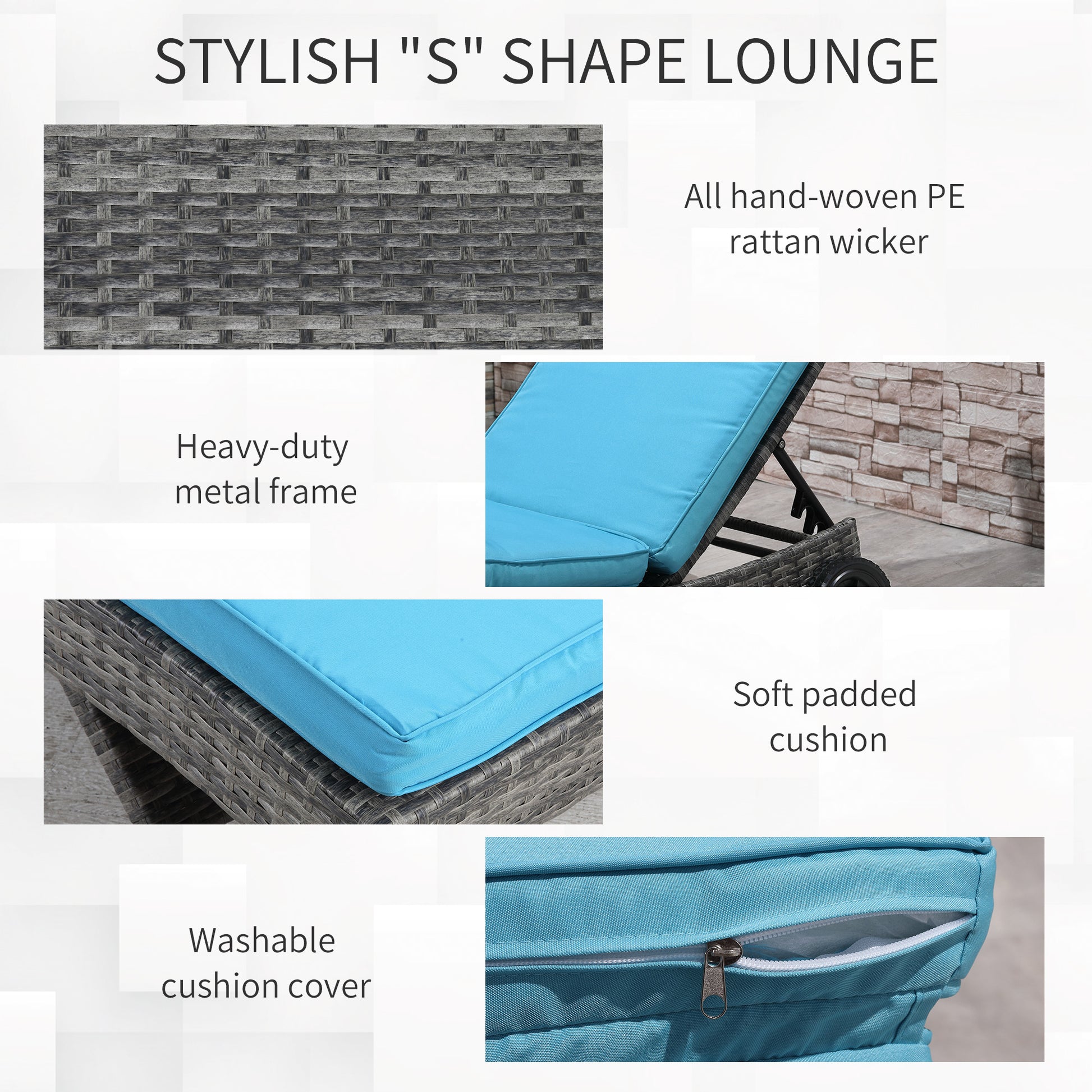 Outdoor Wicker Chaise Lounge - Sky Blue Adjustable Backrest with Wheels-DECOROLALA