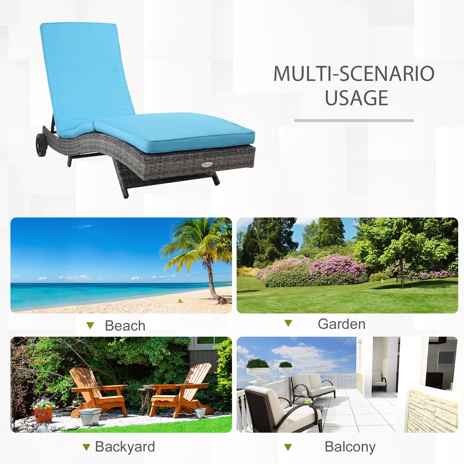 Outdoor Wicker Chaise Lounge - Sky Blue Adjustable Backrest with Wheels-DECOROLALA