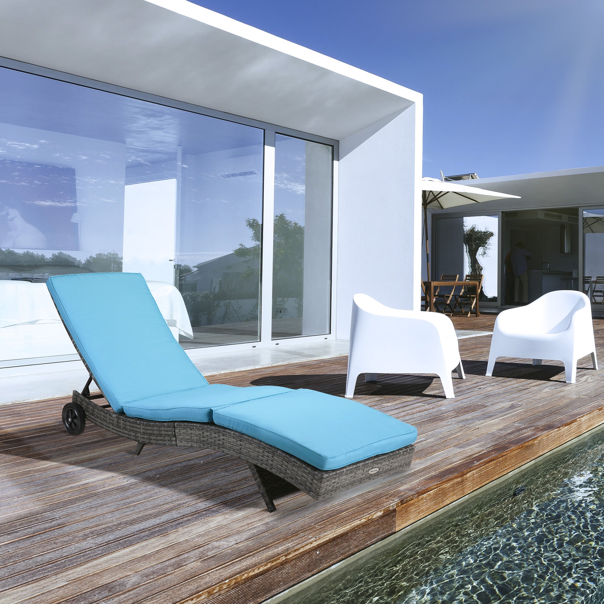 Outdoor Wicker Chaise Lounge - Sky Blue Adjustable Backrest with Wheels-DECOROLALA