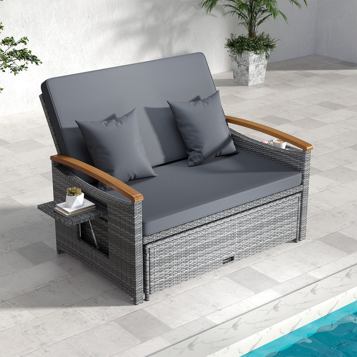 Outdoor Wicker Daybed with Folding Panels and Storage Ottoman-Mix Gray-Outdoor Chaise Lounges-DECOROLALA