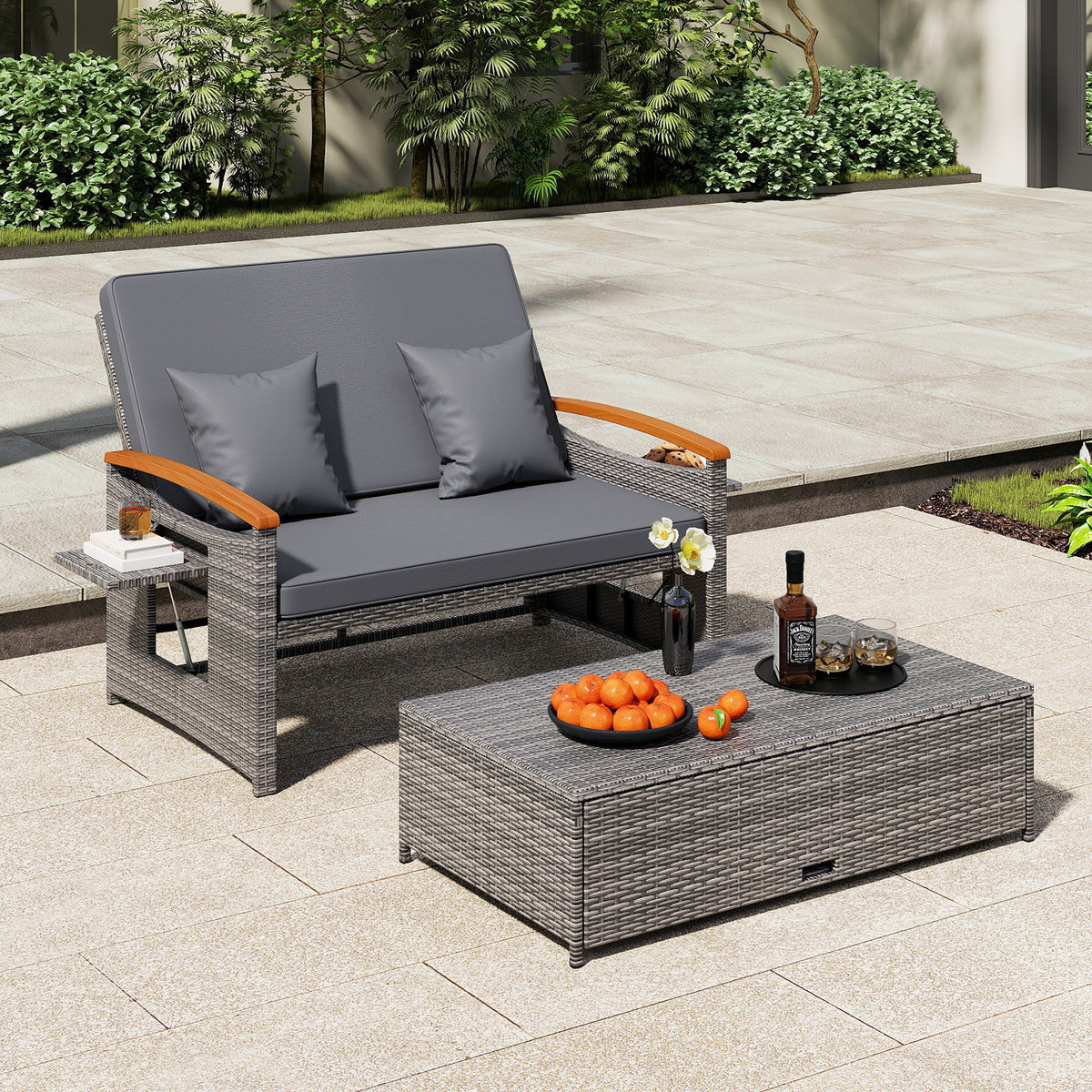Outdoor Wicker Daybed with Folding Panels and Storage Ottoman-Mix Gray-Outdoor Chaise Lounges-DECOROLALA