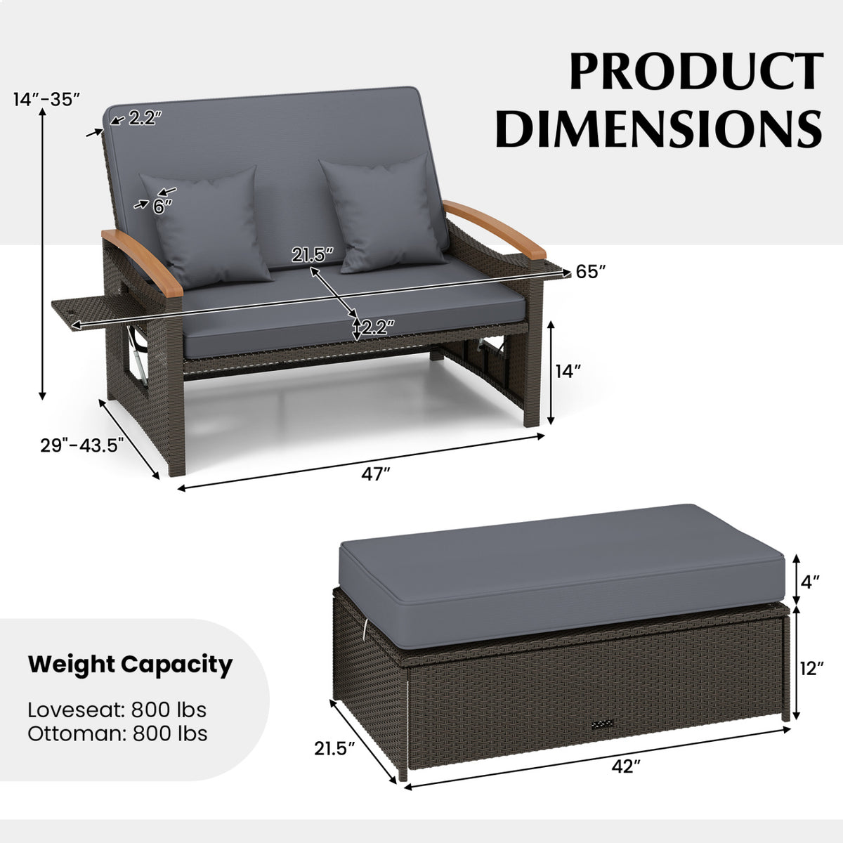Outdoor Wicker Daybed with Folding Panels and Storage Ottoman-Mix Gray-Outdoor Chaise Lounges-DECOROLALA