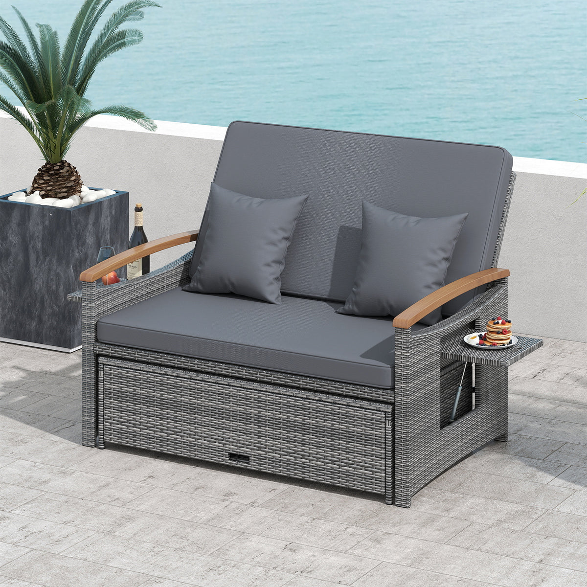 Outdoor Wicker Daybed with Folding Panels and Storage Ottoman-Mix Gray-Outdoor Chaise Lounges-DECOROLALA