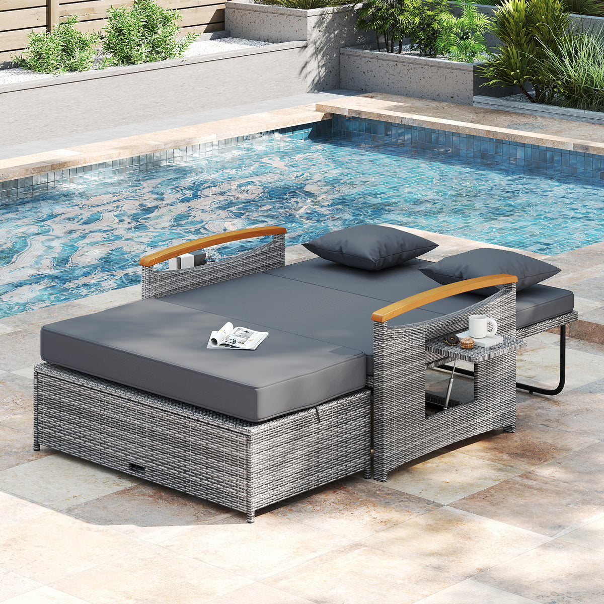 Outdoor Wicker Daybed with Folding Panels and Storage Ottoman-Mix Gray-Outdoor Chaise Lounges-DECOROLALA