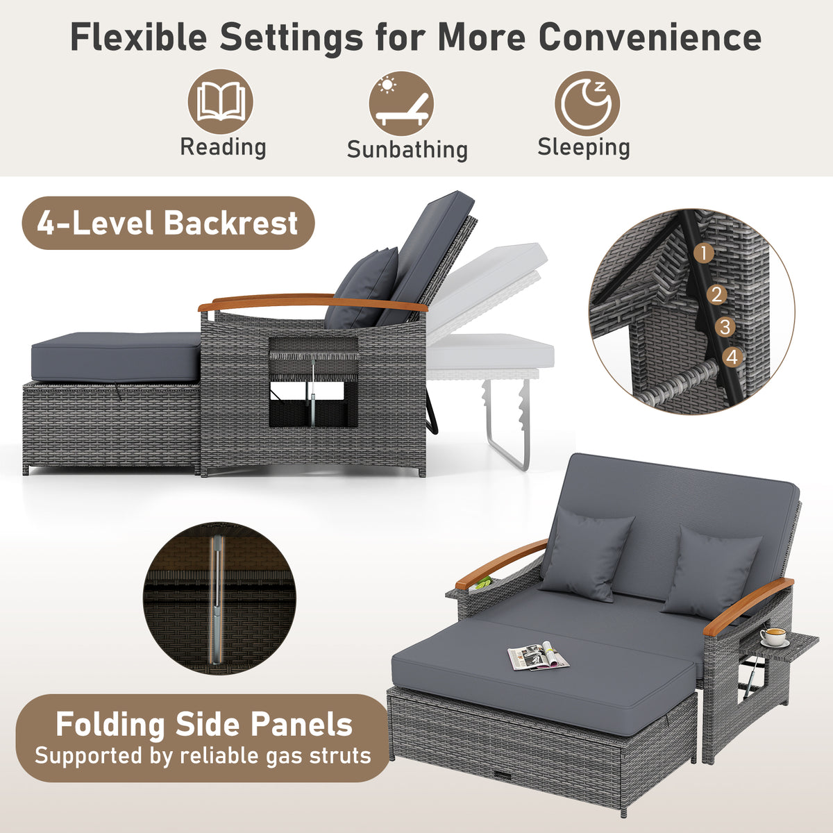 Outdoor Wicker Daybed with Folding Panels and Storage Ottoman-Mix Gray-Outdoor Chaise Lounges-DECOROLALA