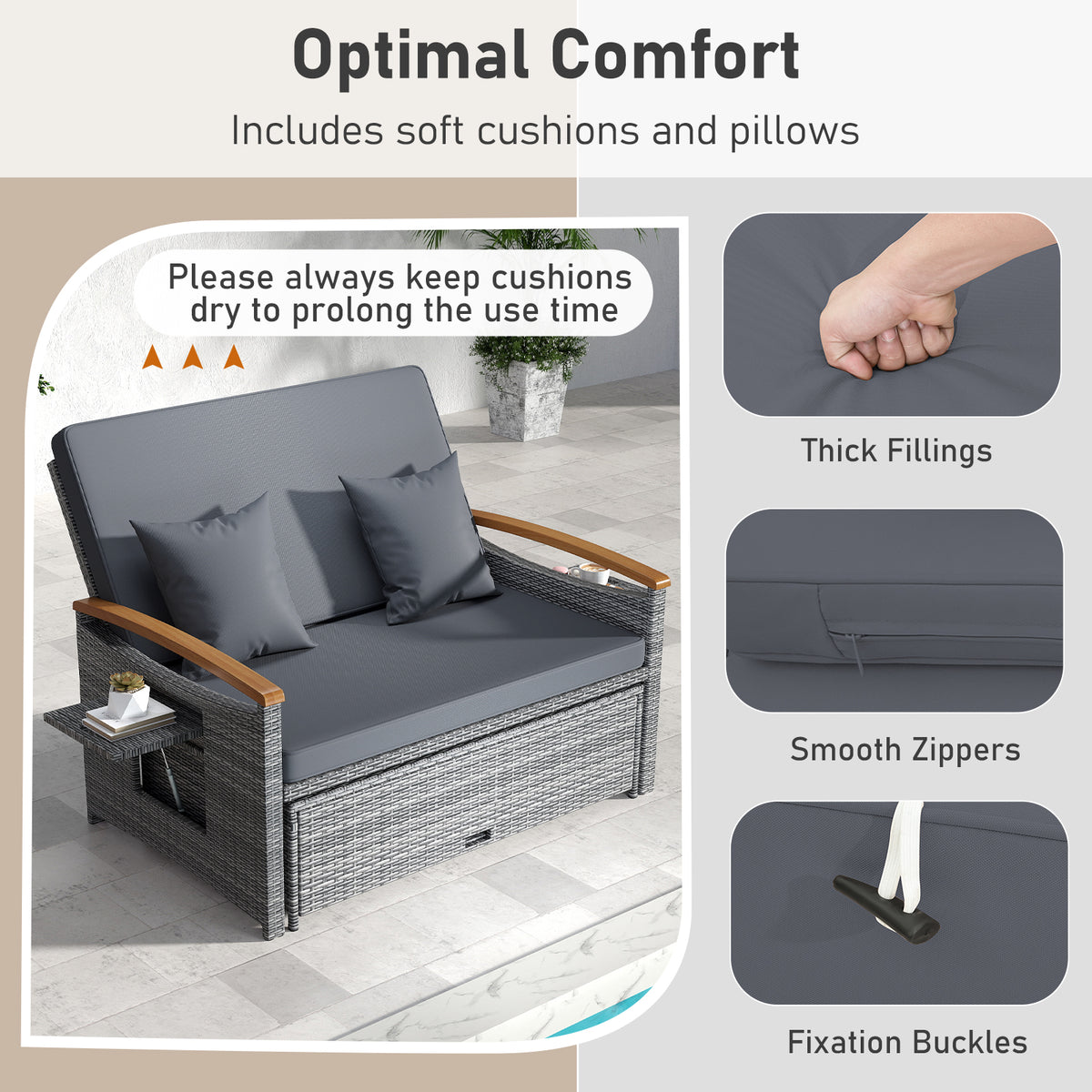 Outdoor Wicker Daybed with Folding Panels and Storage Ottoman-Mix Gray-Outdoor Chaise Lounges-DECOROLALA