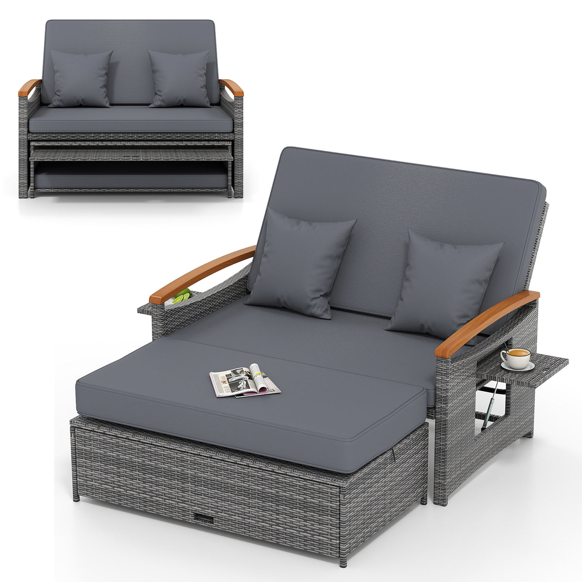 Outdoor Wicker Daybed with Folding Panels and Storage Ottoman-Mix Gray-Outdoor Chaise Lounges-DECOROLALA