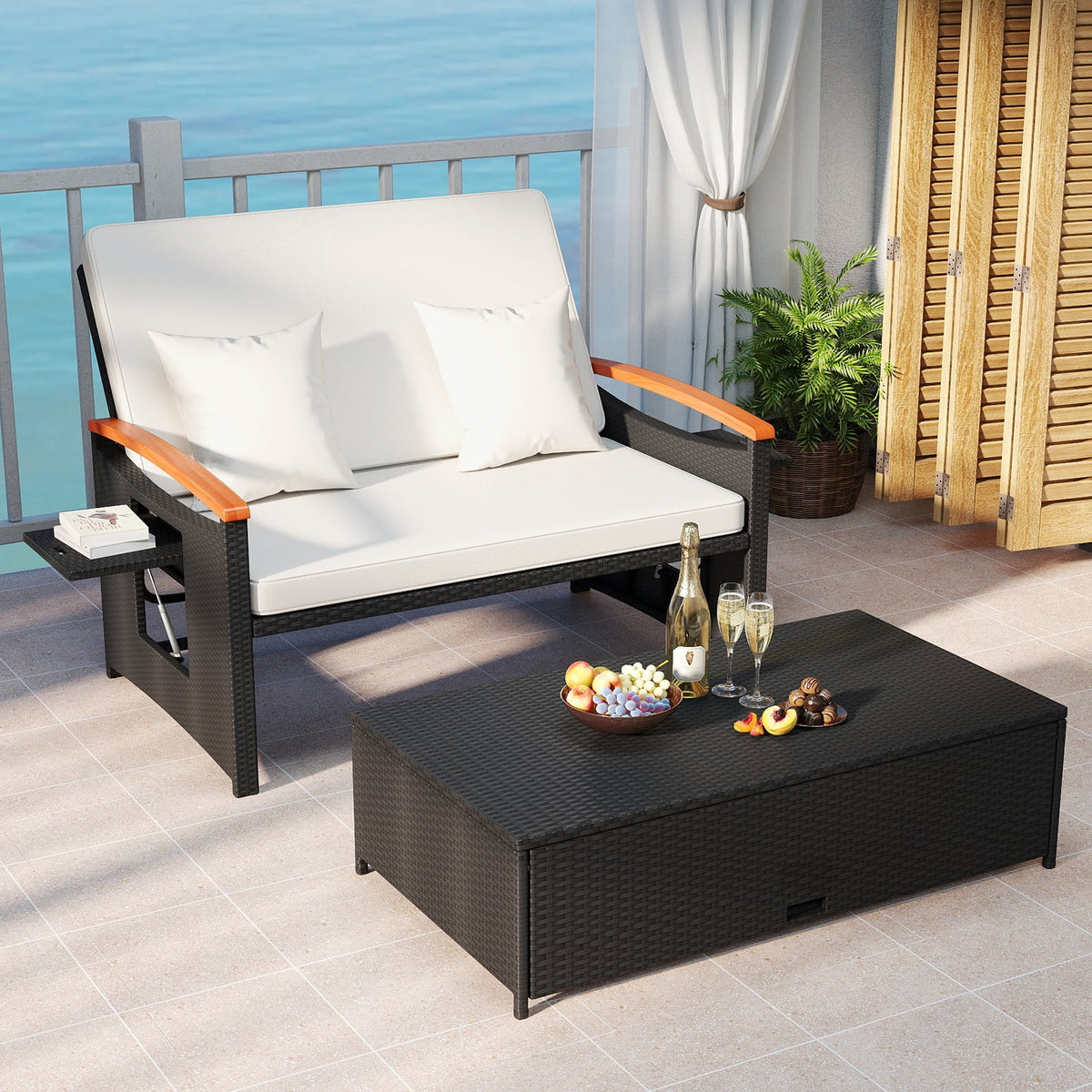 Outdoor Wicker Daybed with Folding Panels and Storage Ottoman-White-Outdoor Chaise Lounges-DECOROLALA
