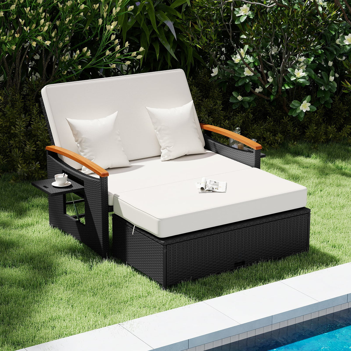 Outdoor Wicker Daybed with Folding Panels and Storage Ottoman-White-Outdoor Chaise Lounges-DECOROLALA