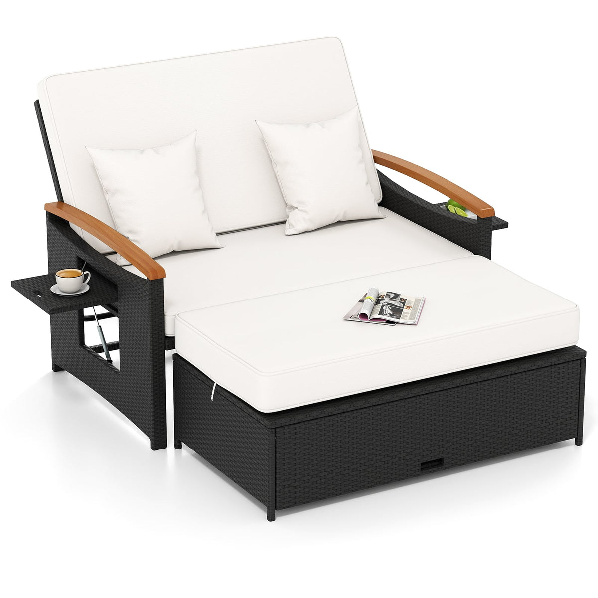 Outdoor Wicker Daybed with Folding Panels and Storage Ottoman-White-Outdoor Chaise Lounges-DECOROLALA