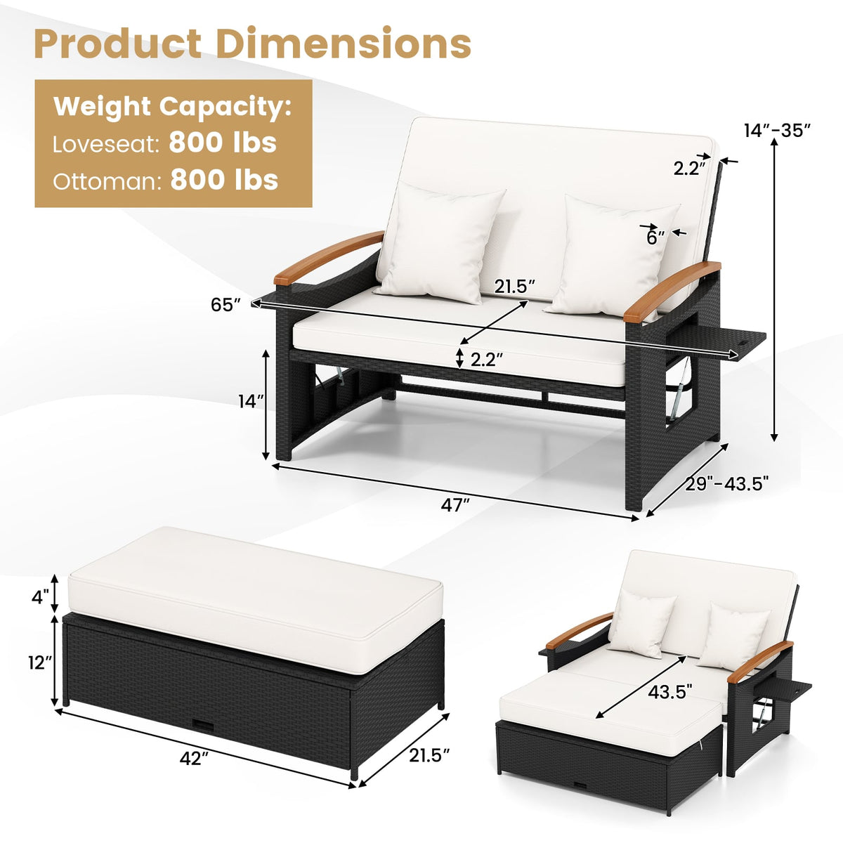 Outdoor Wicker Daybed with Folding Panels and Storage Ottoman-White-Outdoor Chaise Lounges-DECOROLALA