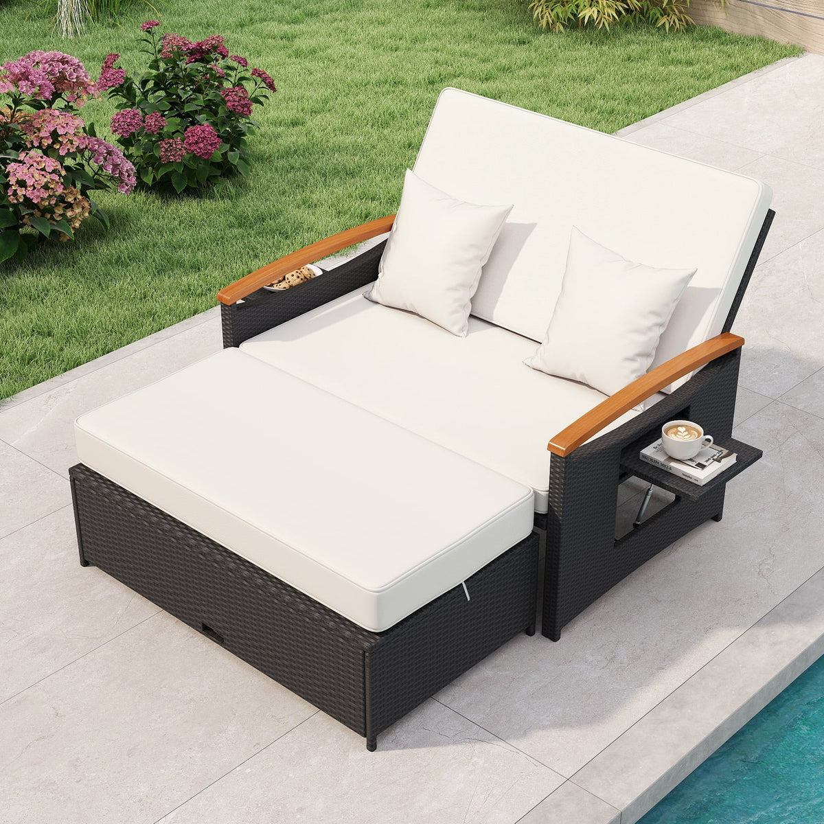 Outdoor Wicker Daybed with Folding Panels and Storage Ottoman-White-Outdoor Chaise Lounges-DECOROLALA