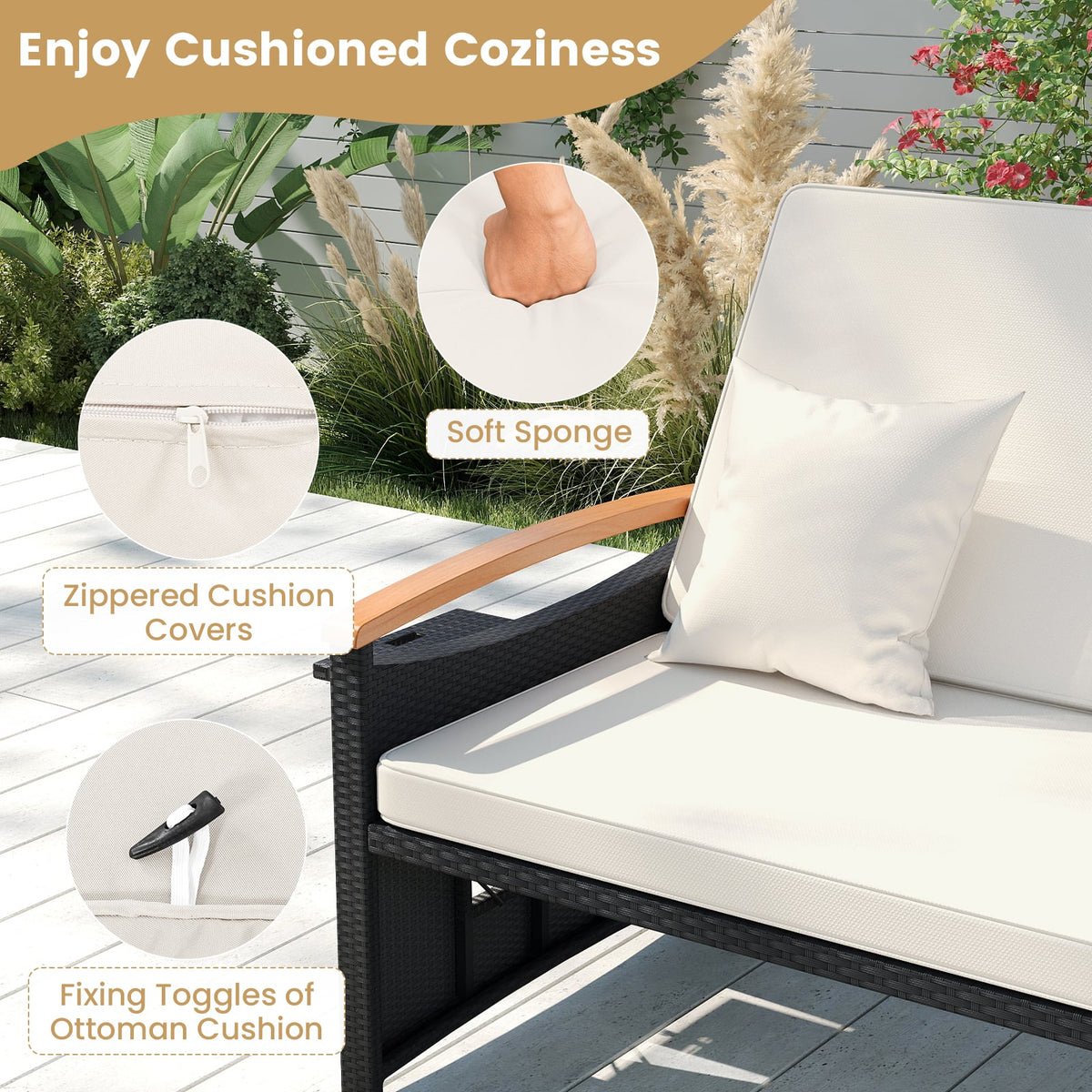 Outdoor Wicker Daybed with Folding Panels and Storage Ottoman-White-Outdoor Chaise Lounges-DECOROLALA