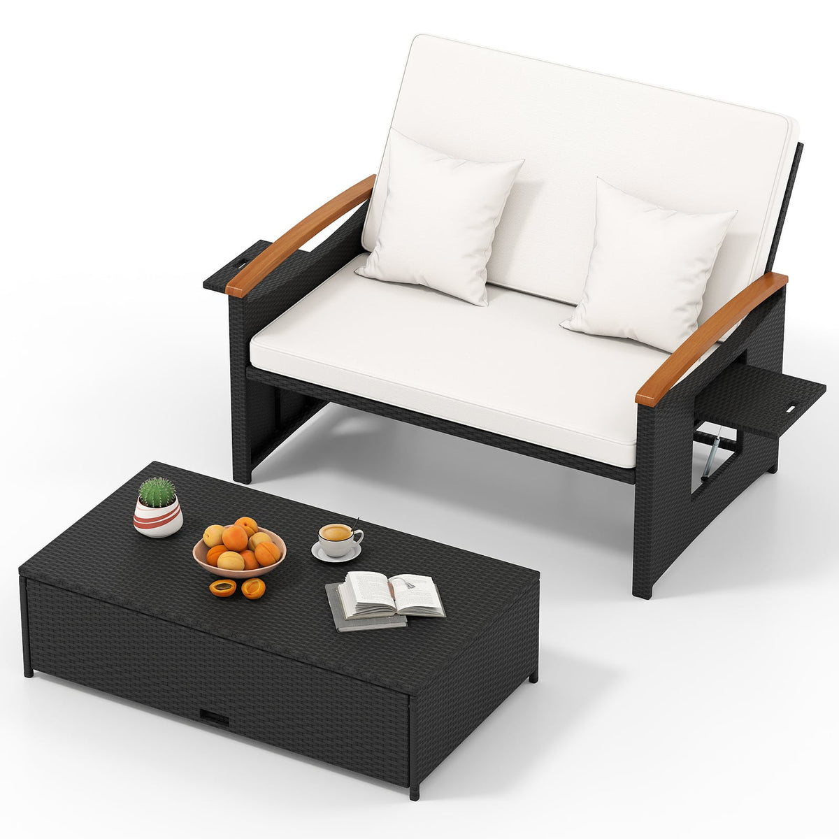 Outdoor Wicker Daybed with Folding Panels and Storage Ottoman-White-Outdoor Chaise Lounges-DECOROLALA