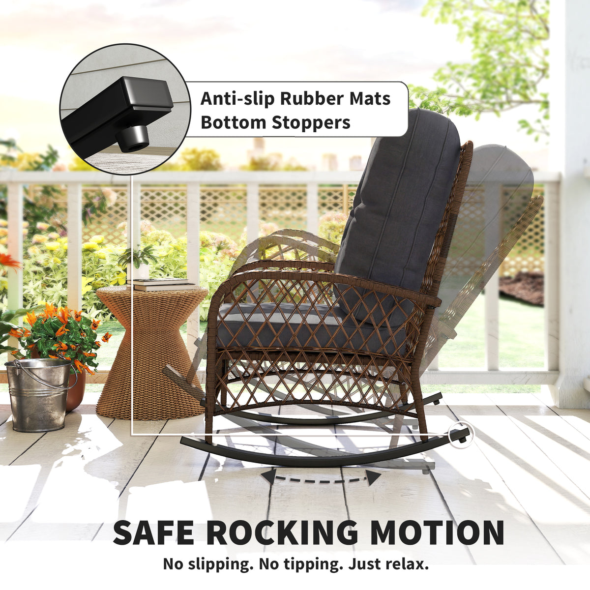 Outdoor Wicker Rattan Rocking Chair - Black Cushions-Outdoor Rocking Chairs-DECOROLALA
