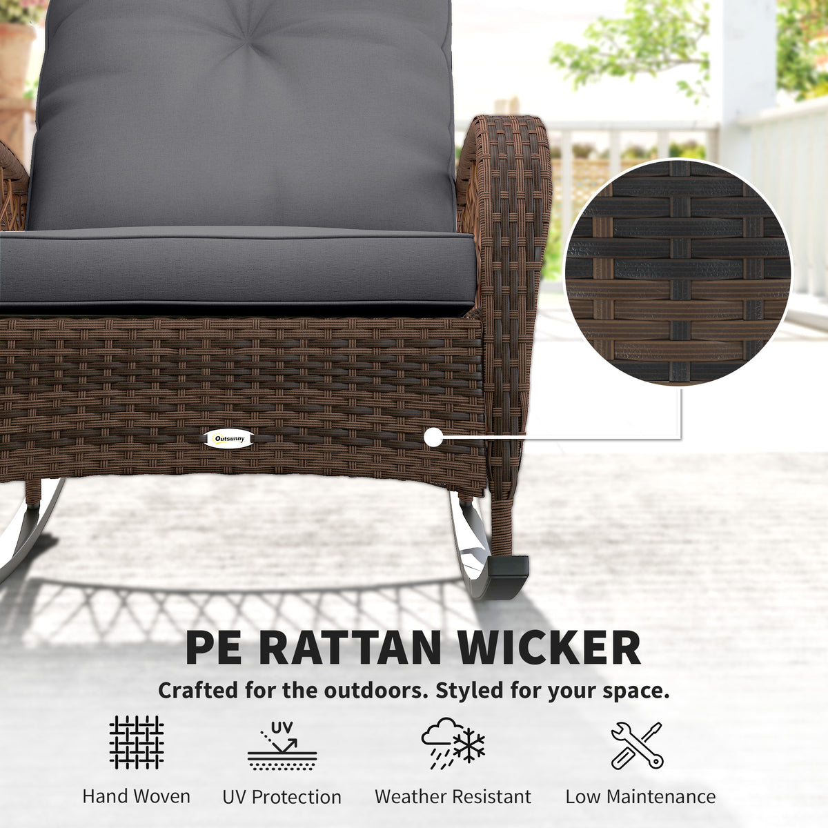 Outdoor Wicker Rattan Rocking Chair - Black Cushions-Outdoor Rocking Chairs-DECOROLALA
