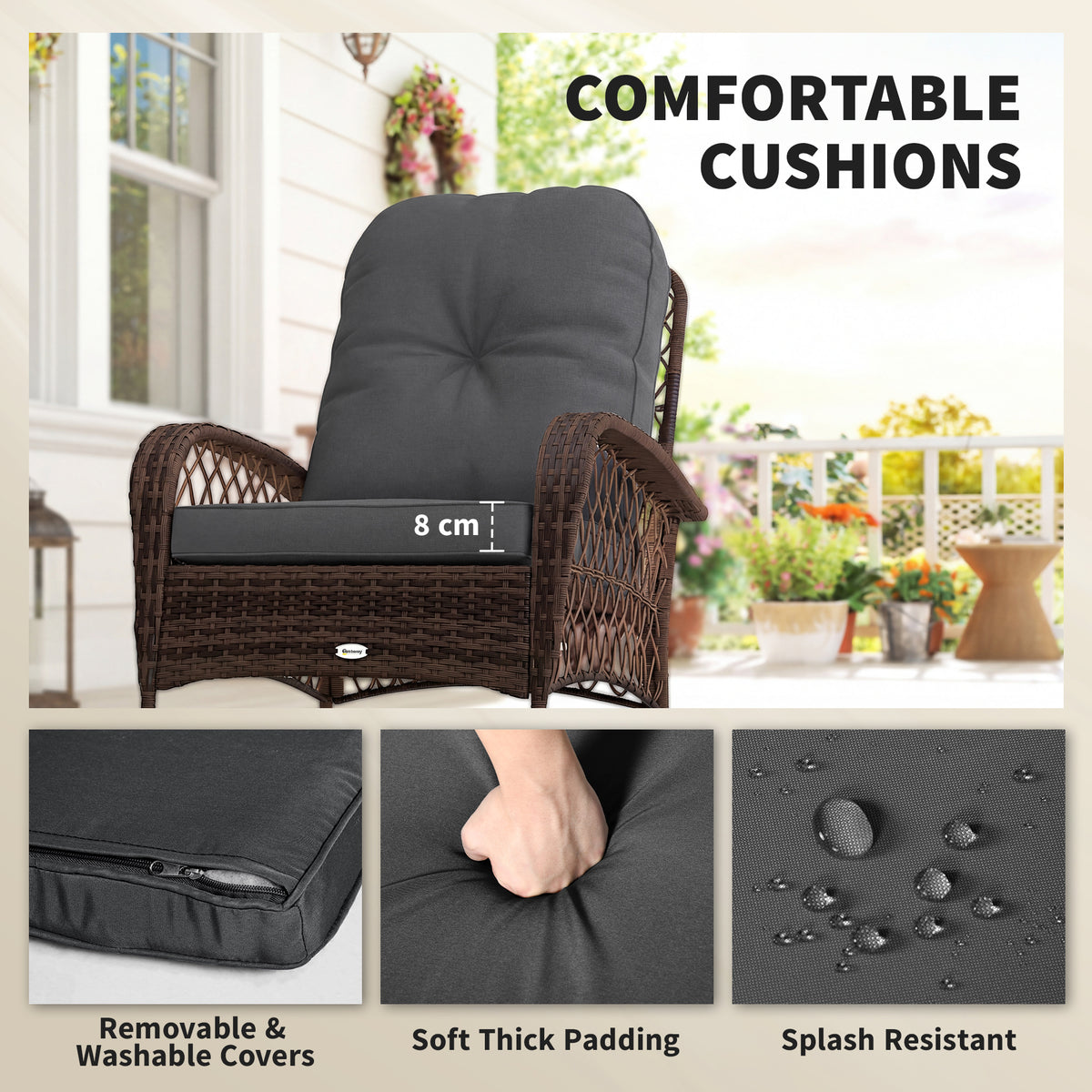Outdoor Wicker Rattan Rocking Chair - Black Cushions-Outdoor Rocking Chairs-DECOROLALA