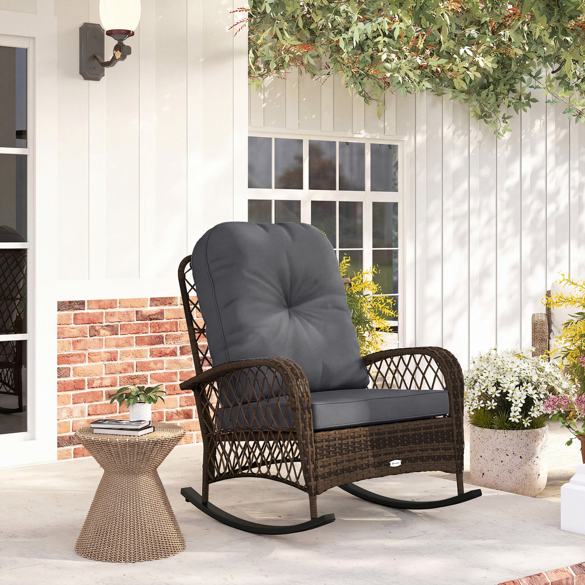 Outdoor Wicker Rattan Rocking Chair - Black Cushions-Outdoor Rocking Chairs-DECOROLALA