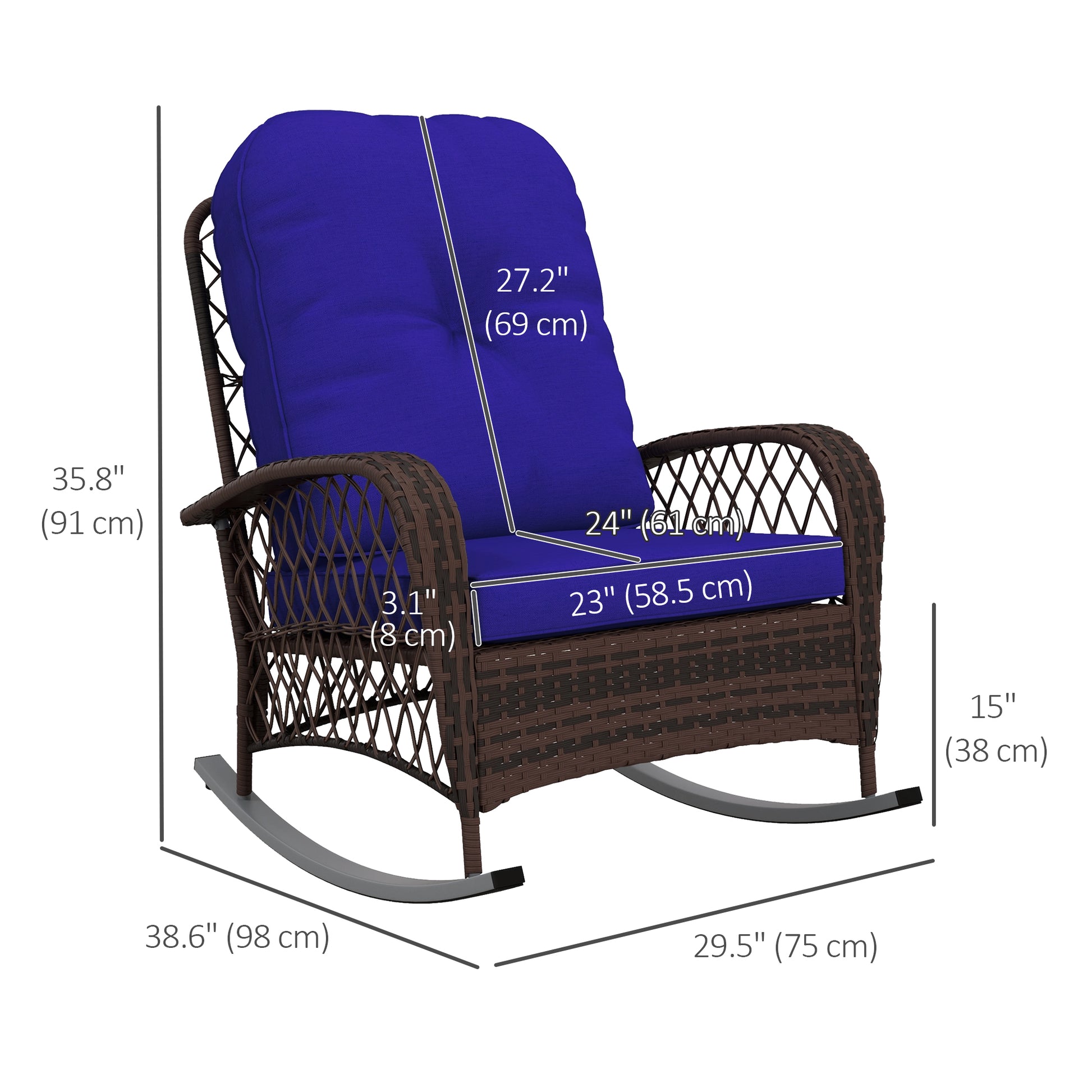 Outdoor Wicker Rocking Chair - Dark Blue Cushions-DECOROLALA