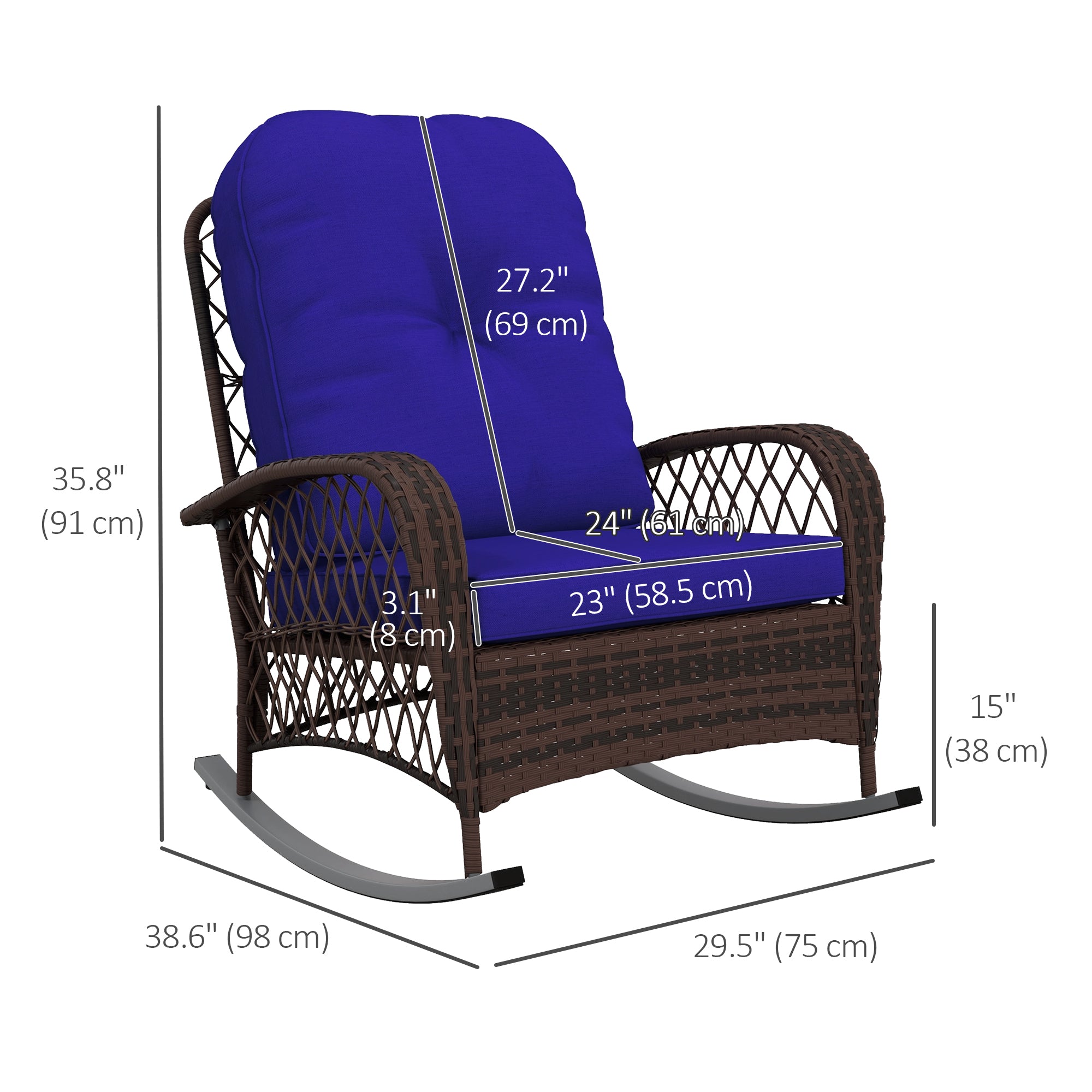 Outdoor Wicker Rocking Chair - Dark Blue Cushions-DECOROLALA