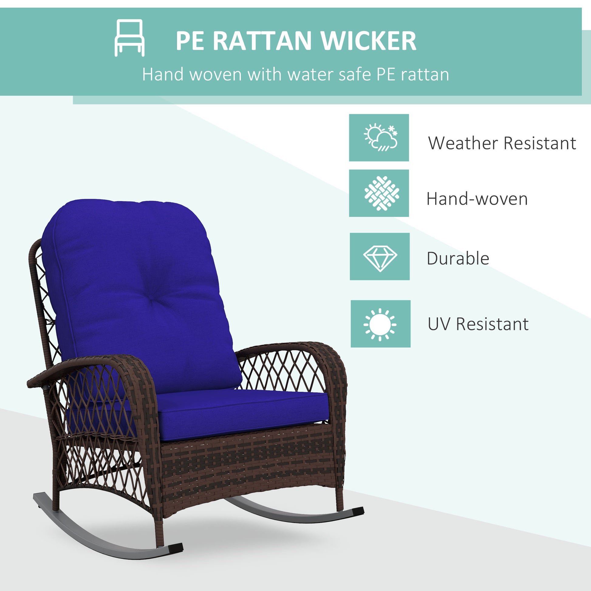 Outdoor Wicker Rocking Chair - Dark Blue Cushions-DECOROLALA